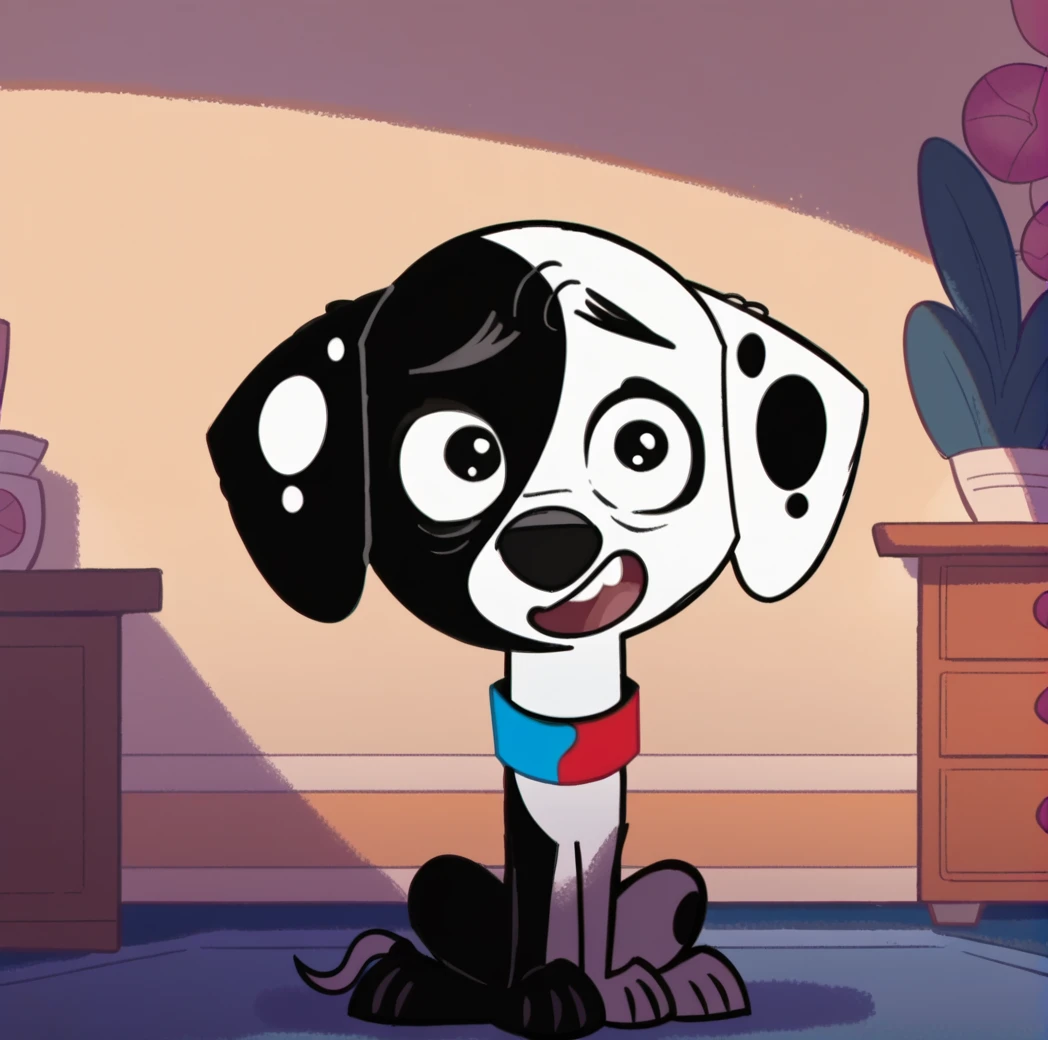 score_9, score_8_up, score_7_up, score_6_up, score_5_up, score_4_up, <lora:deepak101dalmatianstreet2:1>, black and white fur, high resolution, deepakdog, solo, dog, animal, body fur, multicolored fur, multicolored collar, dog ears, indoors, smiling, open mouth, happy expression,