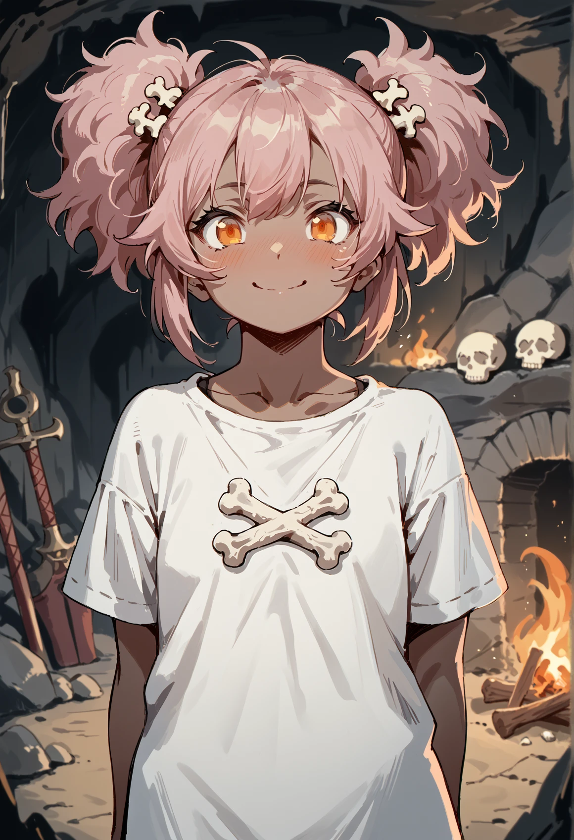 1girl, solo, dark skin, evil, evil smile, reaching viewer, orange eyes, pink hair, messy hair, twintails, hands behind back, closing to the viewer, cavewoman, fur, bone hair ornament, jewelry prehistoric, evil smile, closed mouth, blush, indoors, cave, bonfire, blurry  <lora:waterkuma:1>, score_9, score_8_up, score_7_up, score_6_up, score_5_up, score_4_up, BREAK source_anime, masterpiece