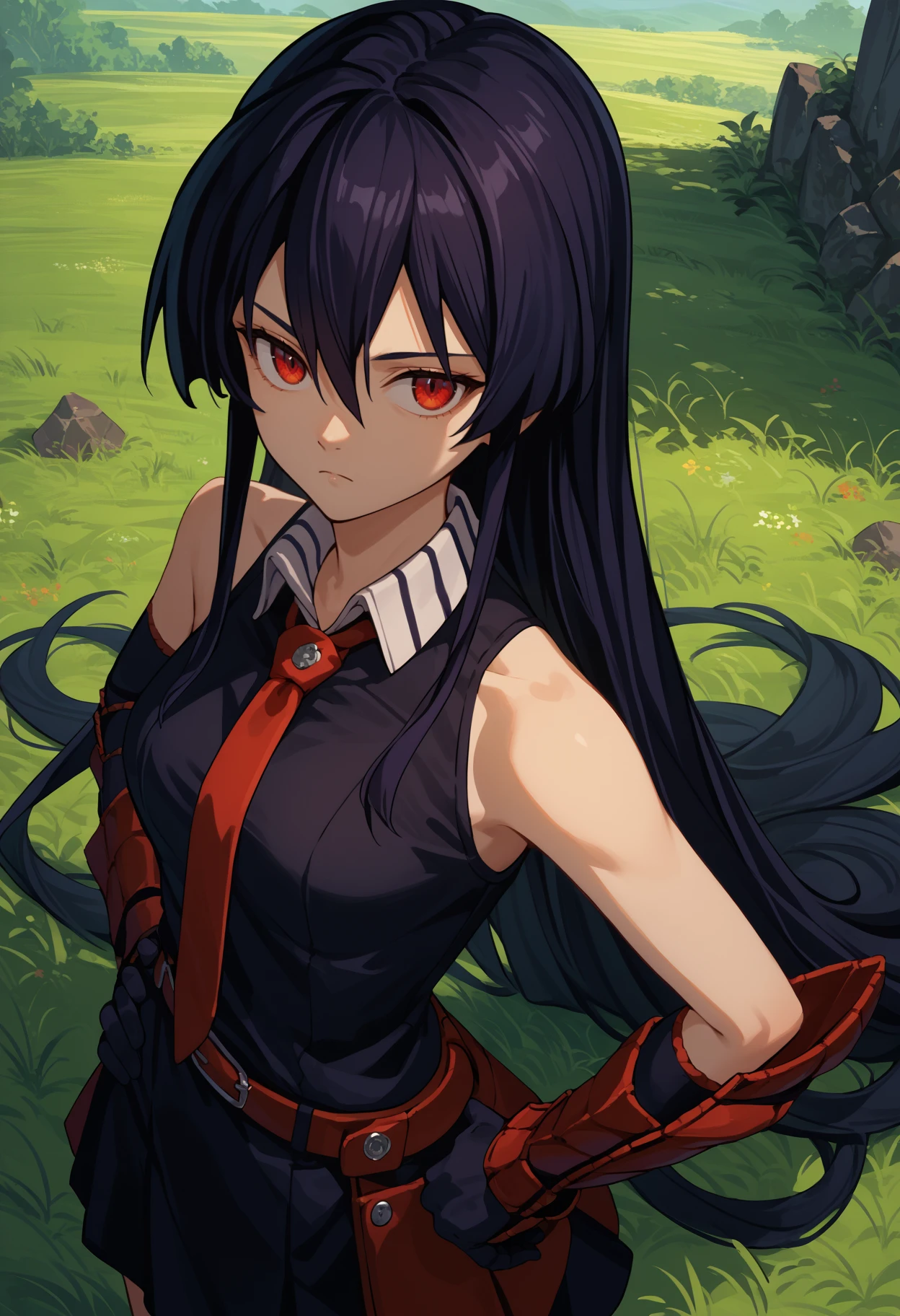 score_9, score_8_up, score_7_up, source_anime, solo, 1girl, agkakame, expressionless, looking at you, standing, hand on own hip, black shirt, collared shirt, sleeveless shirt, red necktie, vambraces, black gloves, black skirt, belt, bare shoulders, outdoors, grass
<segment:yolo-face_yolov8m.pt,0.4,0.5>