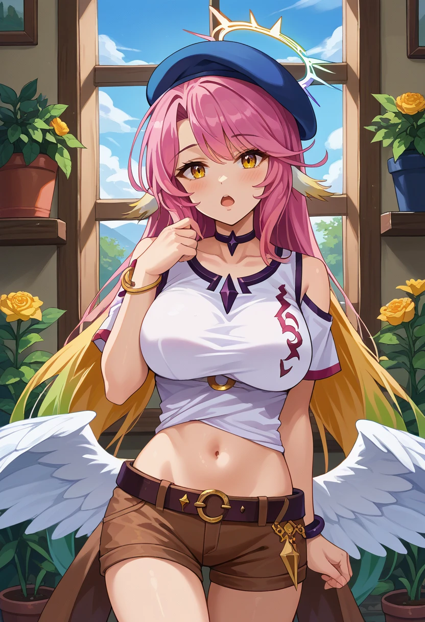 score_9, score_8_up, score_7_up, source_anime, <lora:wrenchNGNLJibril_1:1>, wrnchngnljbrl, pink hair, compass rose halo, feathered wings, low wings, bird ears, white wings, yellow eyes, 
large breasts, multicolored hair, gradient hair, 
1girl, :o, bare shoulders, belt, beret, blue hat, blush, bracelet, brown shorts, choker, collarbone, flower, hair ornament, hairclip, hand up, hat, jewelry, looking at viewer, navel, open mouth, outdoors, plant, potted plant, shirt, short sleeves, shorts, solo, standing, white shirt, window, yellow flower,