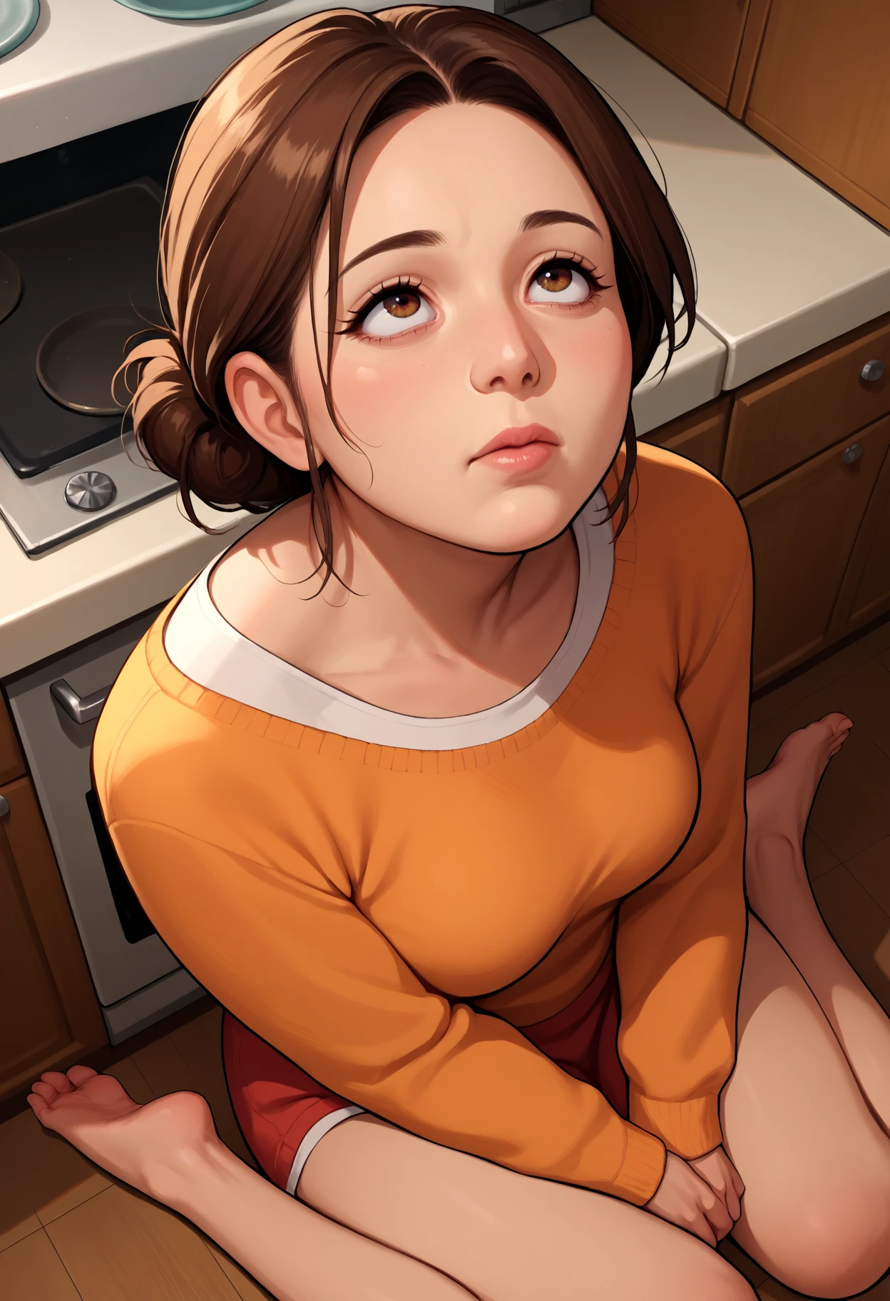 score_9, score_8_up,score_7_up, source_anime, 1girl, mature female, brown hair,
solo, sitting, from above, barefoot, looking up,arms between legs
in the kitchen, kitchen utensils, indoors,