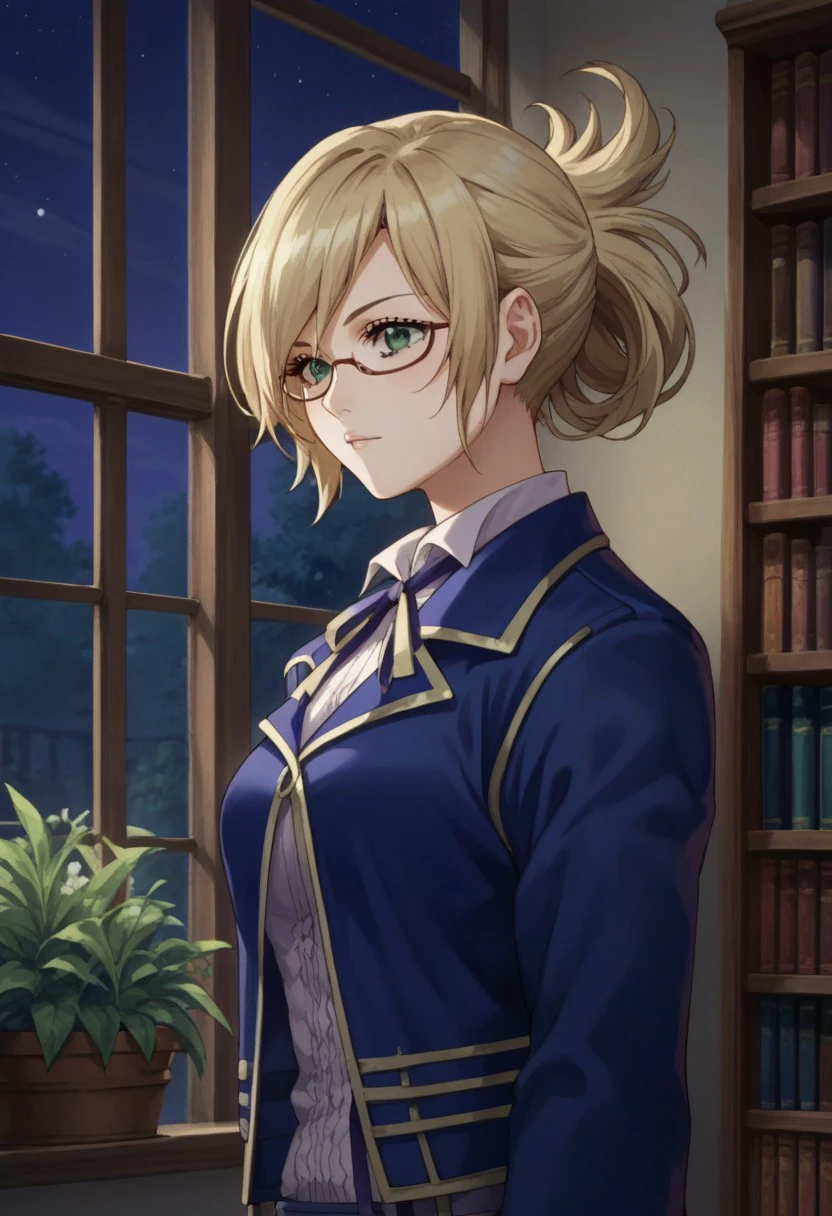 score_9, score_8_up, score_7_up, source_anime, highly detailed, 
arialin, 1girl, glasses, blonde hair, green eyes, jacket, standing, blue jacket, tegami uniform, folded ponytail, ribbon, neck ribbon, upper body. window, night, plant, books. indoor,