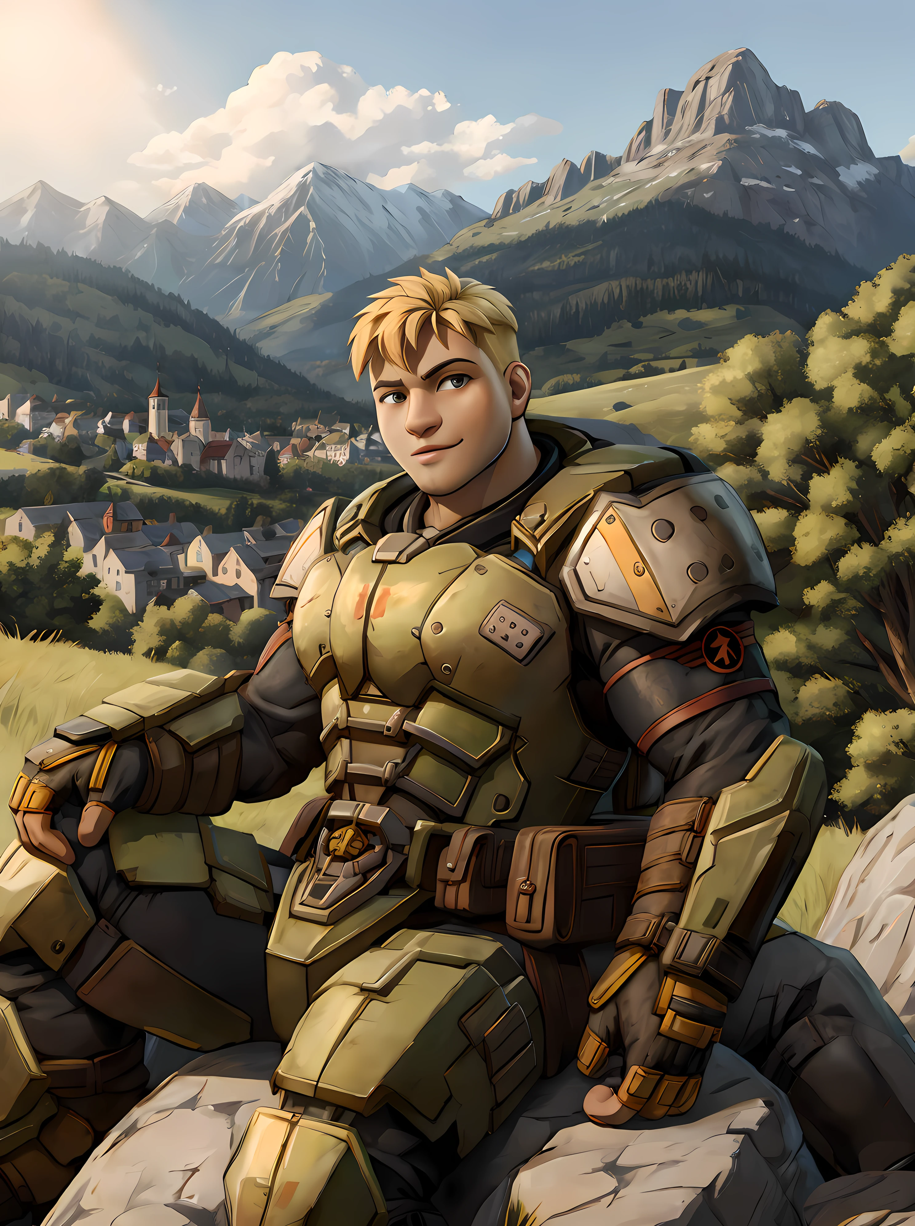 1boy, garron_paduk, looking at viewer, town, daytime, mountain, armor, short hair, blonde hair, muscular, sitting on rock <lora:Garron_Paduk-15:0.85>