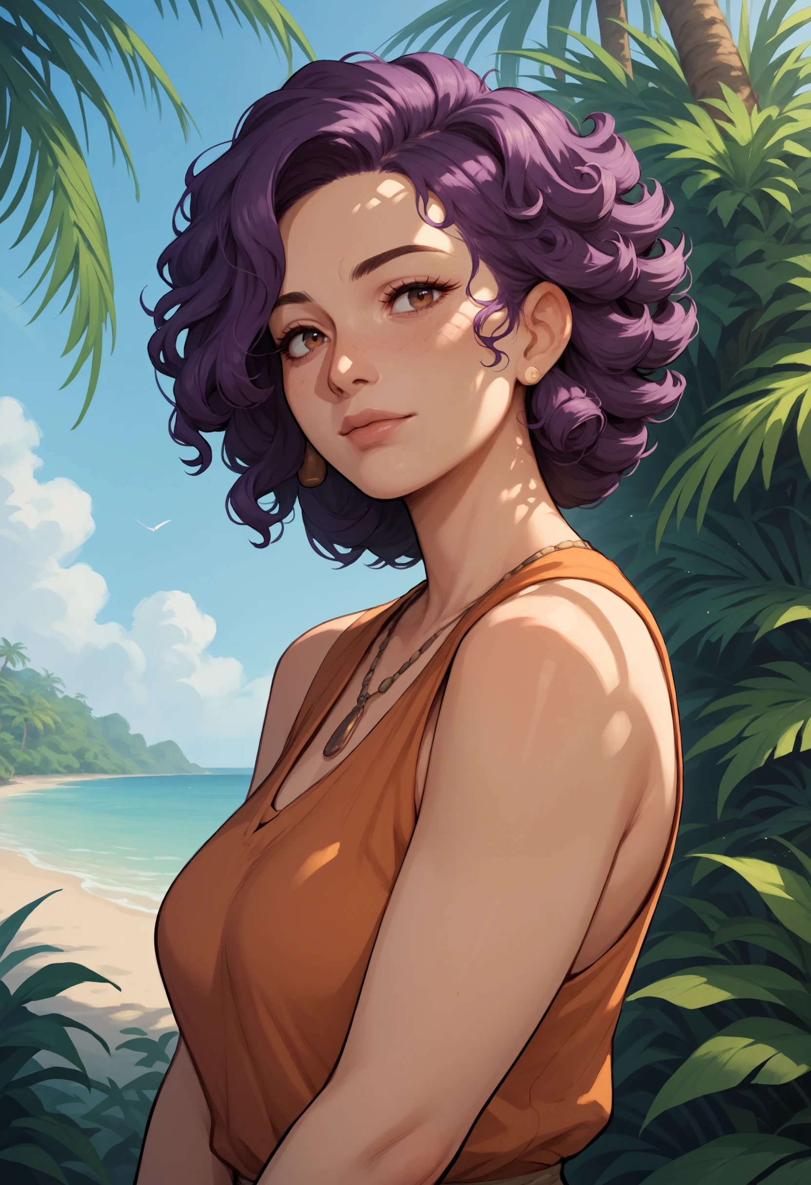 score_9, score_8_up,score_7_up, 1girl, mature female, 
purple hair, twisted hair, hazel eyes,
on a tropical island, seashore , outdoors,