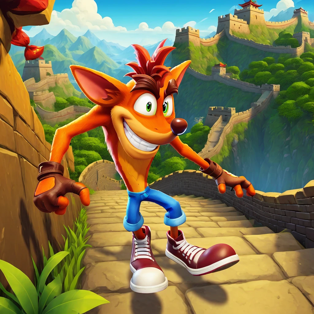 Crash Bandicoot walking on the China Great Wall, detailed fur and jeans, determined expression, bright and colorful environment, ancient stone wall with intricate carvings, mountainous background with lush greenery under a clear blue sky, adventurous and energetic mood, in a cartoonish, vibrant style, high-resolution, dynamic lighting, and shadows.