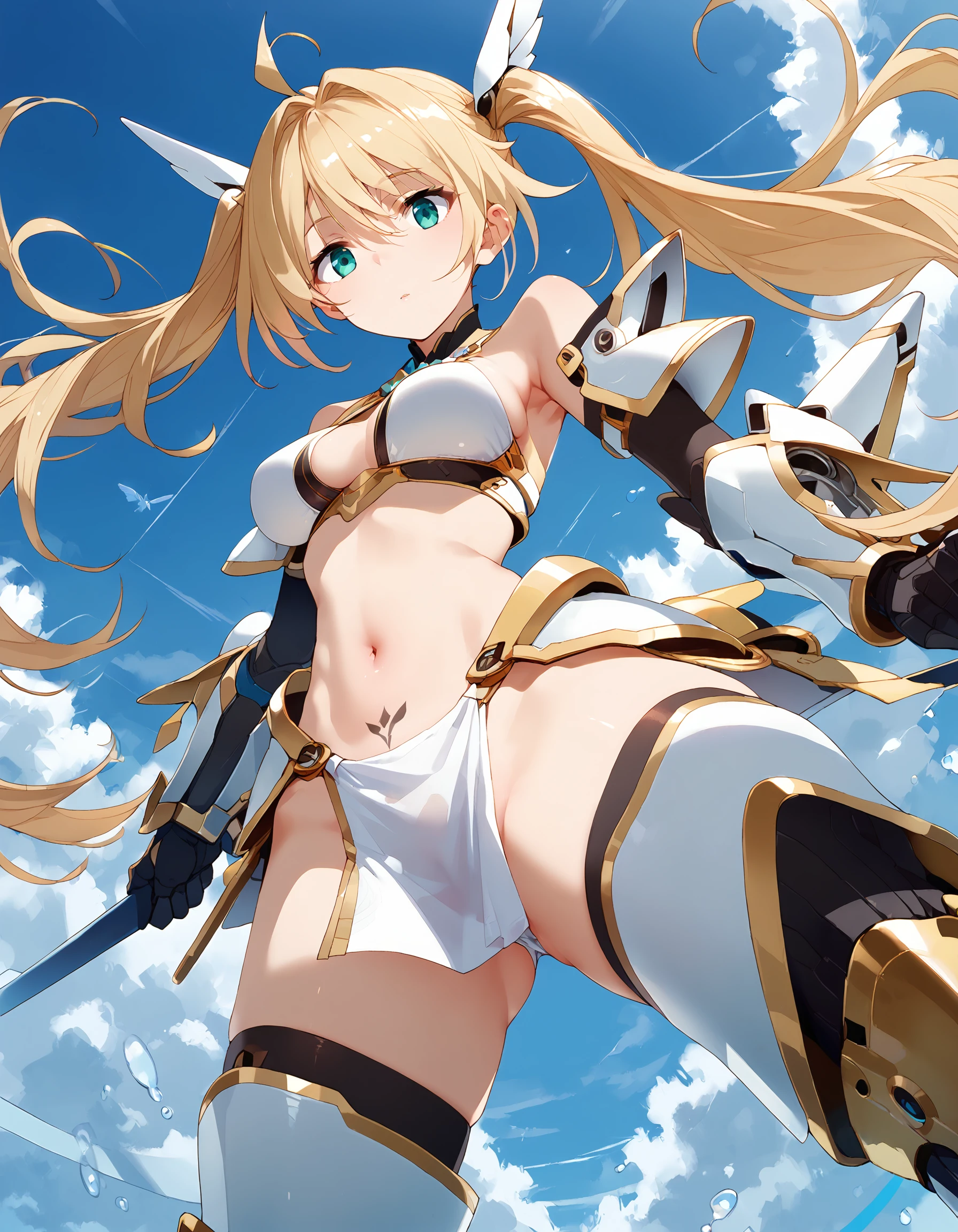 score_9, score_8_up, score_7_up, source_anime,
game cg, science fiction, mecha musume,  cinematic,  from below,
 1girl,  solo, dynamic pose, V_arms, flying, floating, blue sky, 
looking at viewer, 
<lora:Expressive_H-000001:1> Expressiveh, 
detailed background, photo background,  
 <lora:Kaym_pony_v2:1> kaym,
long twintails hair, ahoge, 
round eyewear
medium breasts,
bikini armor, white armor, bare shoulders, gauntlet, pubic tattoo, pelvic curtain, thighhighs, boots,