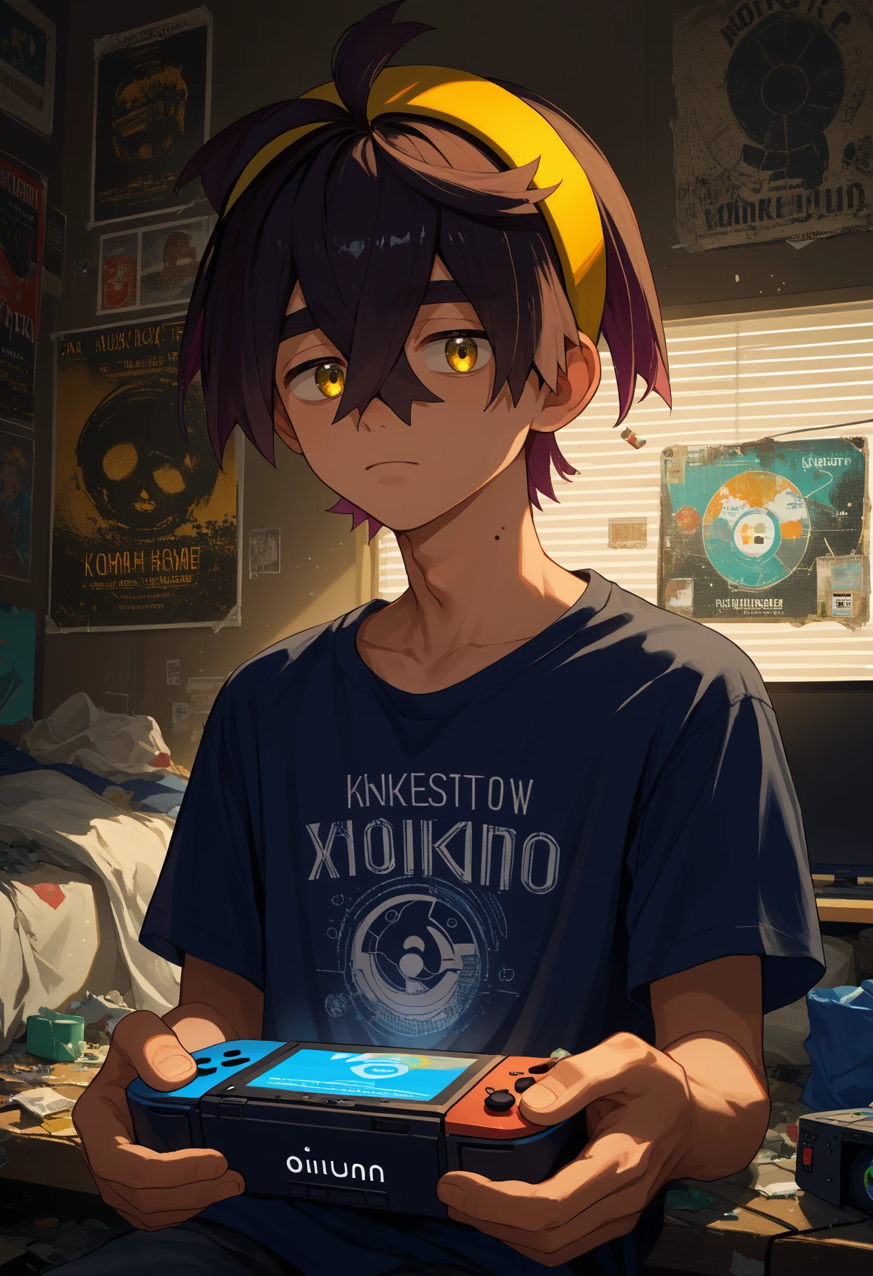 score_9, score_8_up,score_7_up, source_anime, 1boy, solo, kieran, male focus, short hair, yellow eyes, mole on neck, yellow hairband,
holographic_interface, wip
messy room, posters, game console, old apartment, dark room, junk, trash,
<lora:krn_pdxl_EliPot_V8:1>