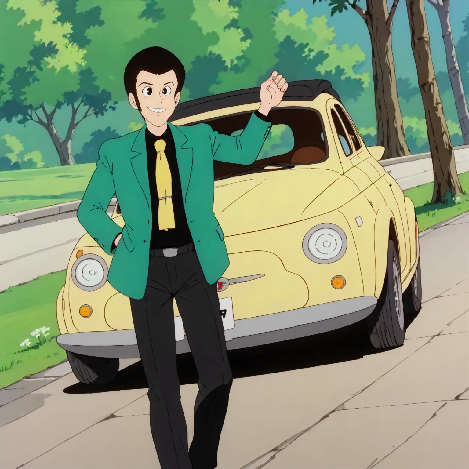 <lora:TCoC_LupinXLpony001>,
outdoors,nature,
looking at viewer,smile,
solo,
Lupin,1boy,black hair,short hair,black eyes,
green jacket,black shirt,yellow tie,open jacket,
standing,
fiat,yellow car,