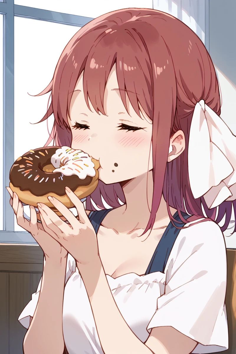 score_9, score_8_up, score_7_up, score_6_up,
<lora:Haruka_Takayama:1> haruka, 1girl, solo, closed eyes, food, blush, food on face, collarbone, hair ribbon, ribbon, eating, red hair, holding food, upper body, doughnut, closed mouth