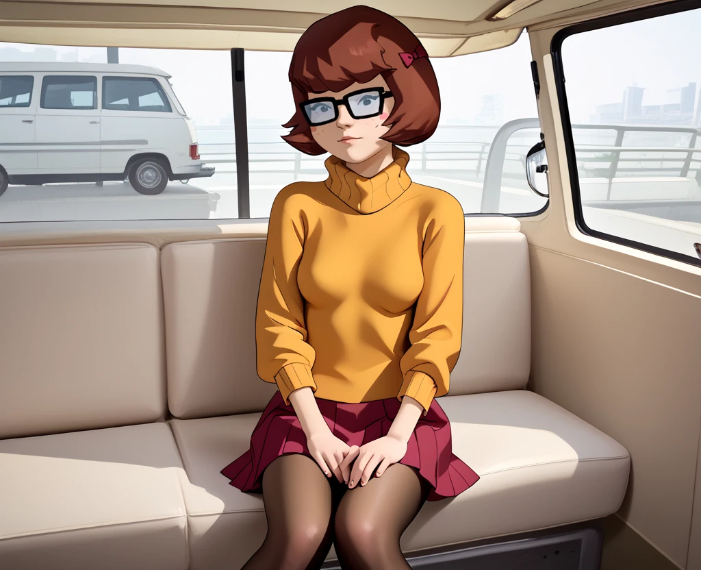 3d, rv interior, recreational vehicle interior, couch, indoors, realistic, photoreal, score_9, score_8_up, score_7_up, score_6_up, velma-dinkley, black eyes, 1girl, solo, short hair, turtleneck, sweater, skirt, tights, brown hair, colored skin, blush stickers, bow, hair bow, shirt, 
 <lora:Expressive_H:.5> <lora:Recreational_Vehicle_Interior_BG:1> <lora:ponyxl-deep_penetration-concept-v01-000005:.5>  <lora:Mystery_Incorporated_Velma_Dinkley:1>