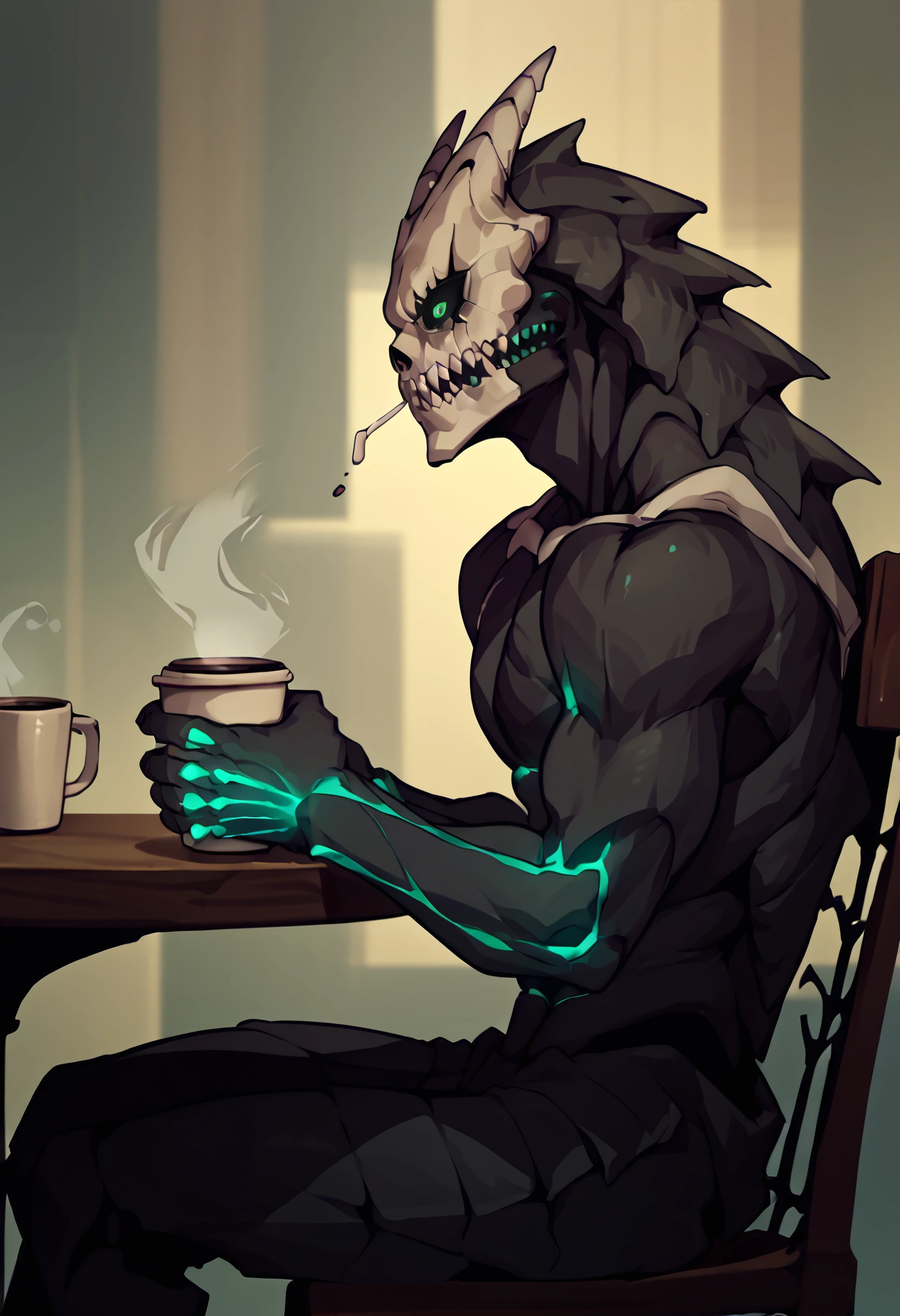 score_9, score_8_up, score_7_up, 1boy, solo, cowboy shot, 
 <lora:KaijuNo8_Dwnsty:0.8>, kaijuu no8, black skin, skull mask, glowing eyes, sharp teeth, black sclera, kaijuu, 
sitting, coffee, holding cup, drinking, hand up, from side, sitting, on chair,