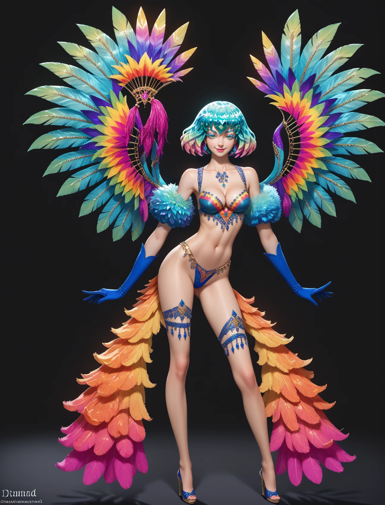 score_9, score_8_up, score_7_up,  BREAK cowboy shot,1girl,solo,full body,source_anime,digital painting,smile,looking at viewer,rating_explicit,cleavage,puffy lips,lipstick
edgCarnival, long hair, breasts, collarbone,cleavage gloves, navel, wings,  wearing edgCarnival,multicolored costume with feathers,jewelry,
<lora:edgCarnivalPony:1> <lora:Hoseki_HousekiNoKuni_Diamond_PDXL_v1:1> hskdmnd, crystal hair, colored eyelashes, multicolored hair, short hair