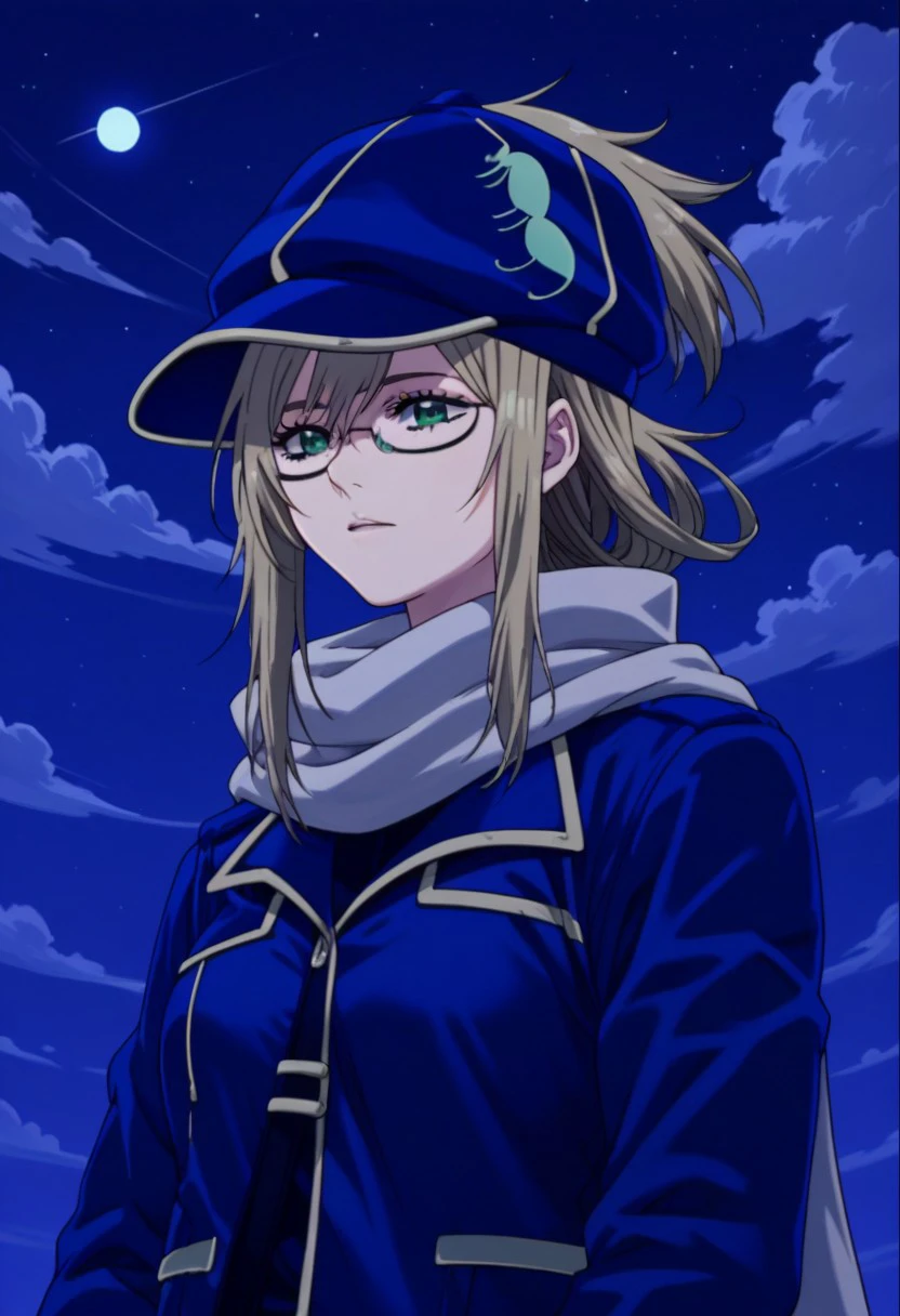 score_9, score_8_up, score_7_up, source_anime, highly detailed, 
arialin, 1girl, glasses, blonde hair, green eyes, jacket, standing, blue jacket, folded ponytail,  upper body, bee uniform,
hat, blue hat, scar, white scarf,
outdoor, night, clouds,