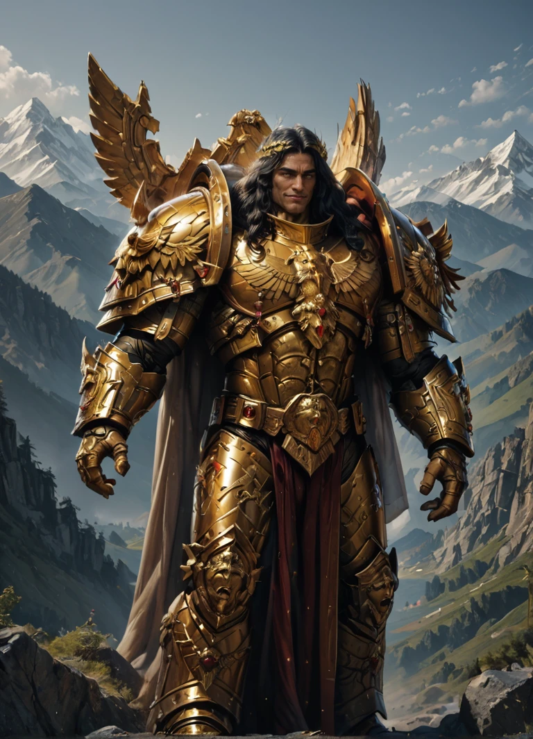 mature adult,illustration,beautiful detailed eyes,best quality,highly detailed,masterpiece,ultra-detailed,illustration,long hair,olive skin,full armor,muscular,god-like physique,golden armor,
1 man,light smile,yellow eyes,EMPEROR OF MANkind,score_9,score_8_up,score_7_up,score_6_up,score_5_up,<lora:Emperor:0.7>,Standing on mountain top,mountainous horizon,sky,