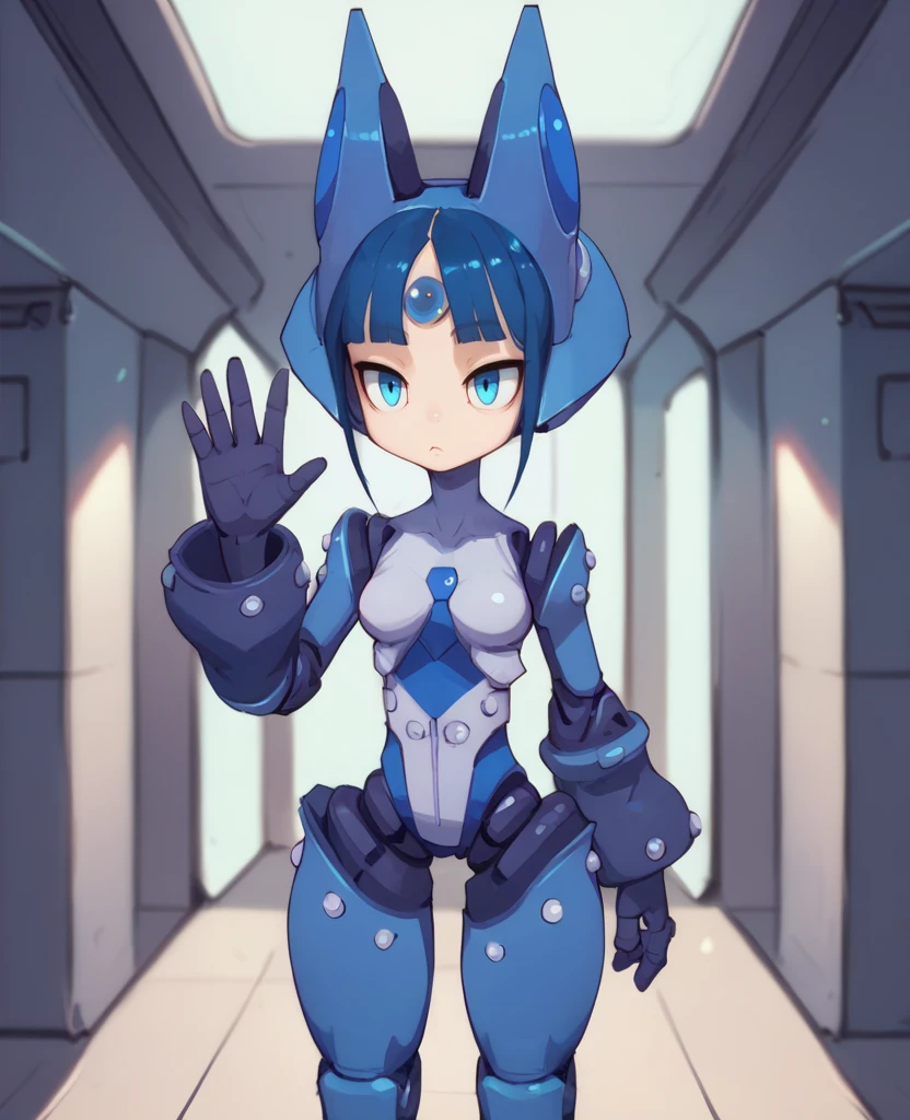 score_9, score_8_up, score_7_up, score_6_up, MechaGirlXL, blue hair, blunt bangs,   robot joints,blue eyes,helmet,  forehead gem,    standing, solo, expressionless ,  space station,indoors,  waving,   <lora:MechaGirlXL:0.9>