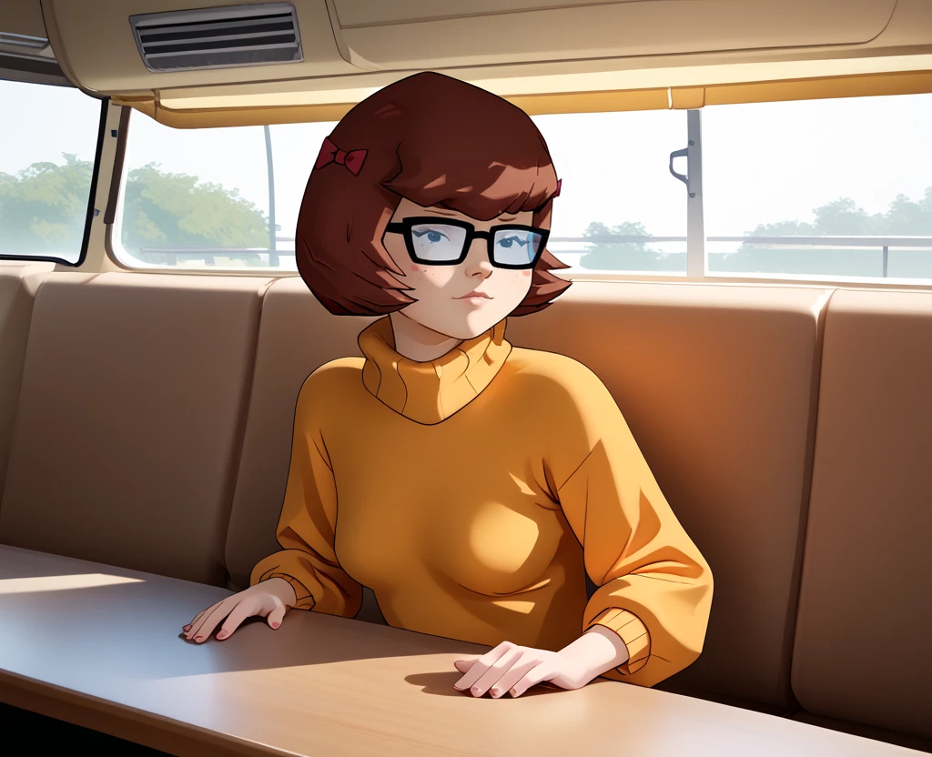 3d, rv interior, recreational vehicle interior, table, indoors, realistic, photoreal, score_9, score_8_up, score_7_up, score_6_up, velma-dinkley, 1girl, solo, short hair, turtleneck, sweater, brown hair, blush stickers, bow, hair bow, shirt, 
 <lora:Expressive_H:.5> <lora:Recreational_Vehicle_Interior_BG:1> <lora:ponyxl-deep_penetration-concept-v01-000005:.5>  <lora:Mystery_Incorporated_Velma_Dinkley:1>