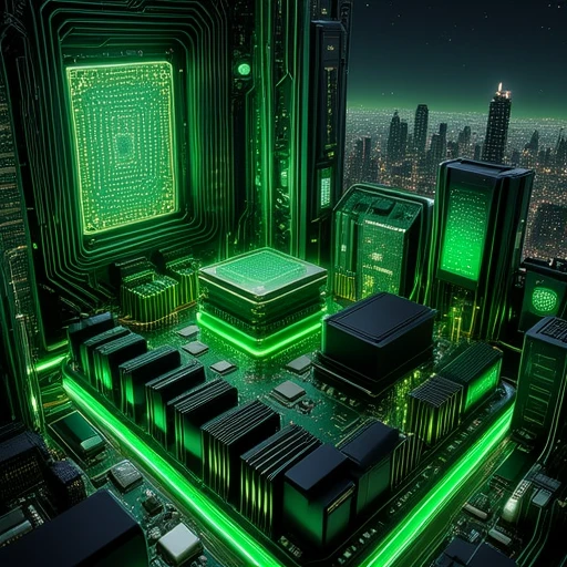 efficient, bookshelf, monitor, speaker, black, advanced, complex, organized, scenery, interconnected, window, integrated, from above, city, green, fast, scalable, compact, screen, skyscraper, tree, computer, star (sky), no humans, night, green theme, reliable, streamlined, city lights, responsive, optimized, robot