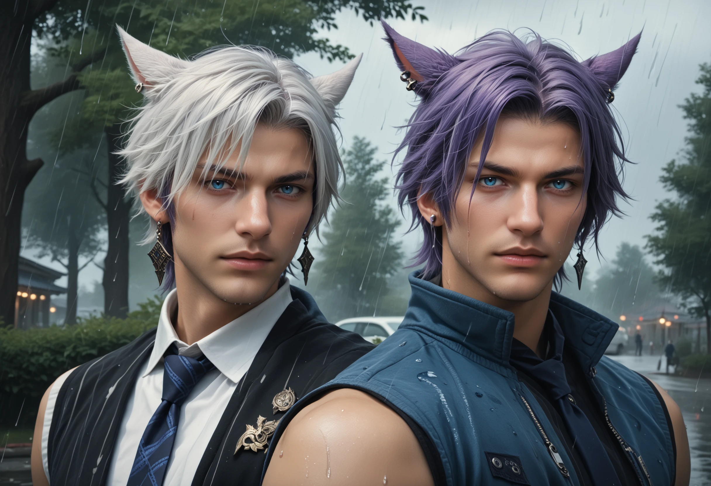 looking at viewer, short hair, blue eyes, shirt, animal ears, jewelry, jacket, purple hair, white hair, male focus, earrings, outdoors, multiple boys, necktie, sleeveless, 2boys, tree, rain, miqo'te, Score_PnyReal