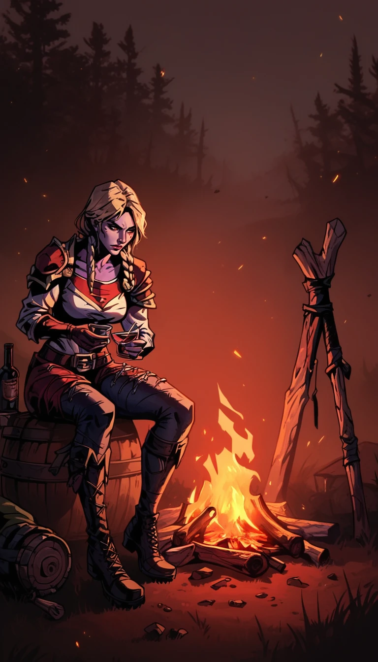 score_9, score_8_up, score_7_up, , multiple character, sitting around a campfire, campfire, camping, full body shot, camp supply, barrel, woods, sitting, wine glass, drunken, drinking, detailed background, wanderer, rogue, blonde hair, blood on clothes, , dark theme, low light, leather clothes,
<lora:Darkest_Dungeon_2_Style (1):0.7> , dd2
 <lora:glavakolhoza_shyvana:0.8> glavakolhoza_shyvana