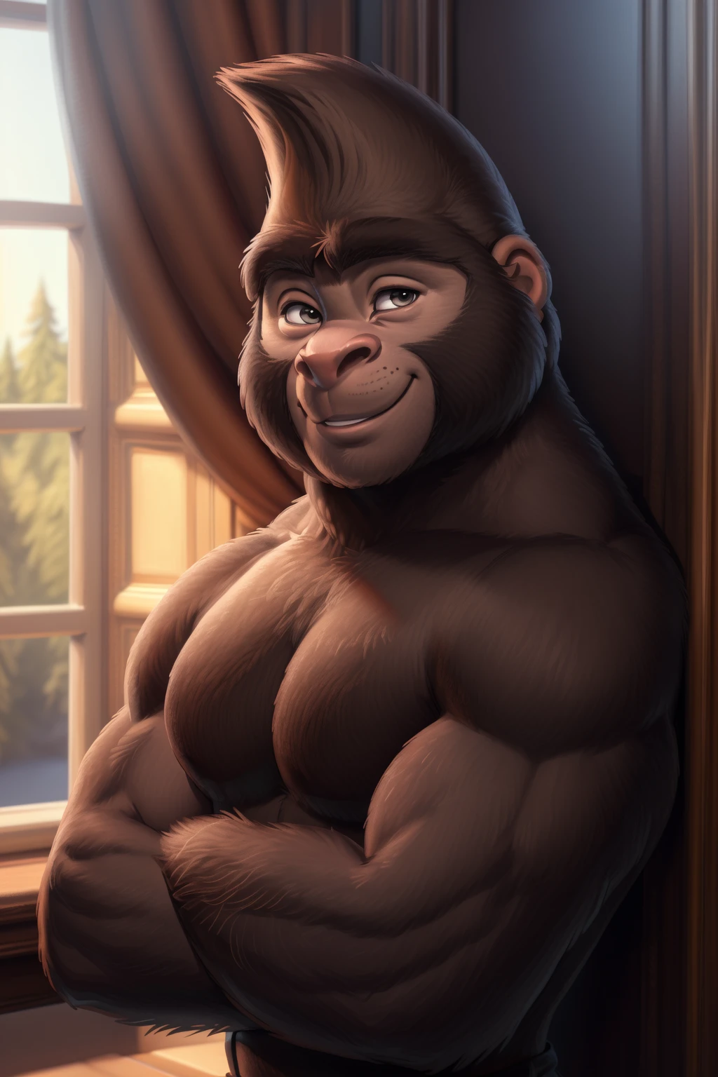 Big Daddy (SING), Alone, mature male, gorilla, muscular, velludo, prominent pectorals, male nipples, slightly fat, (Soft shading), 4k, Five fingers, detailed hands, ((detailed face, detailed)), (whole body), por zackary911, by zaush, (by personal:0.5), naked, big penis, uncut penis, smiling mischievously while having gay anal sex with another muscled gorilla character, background of a prison cell