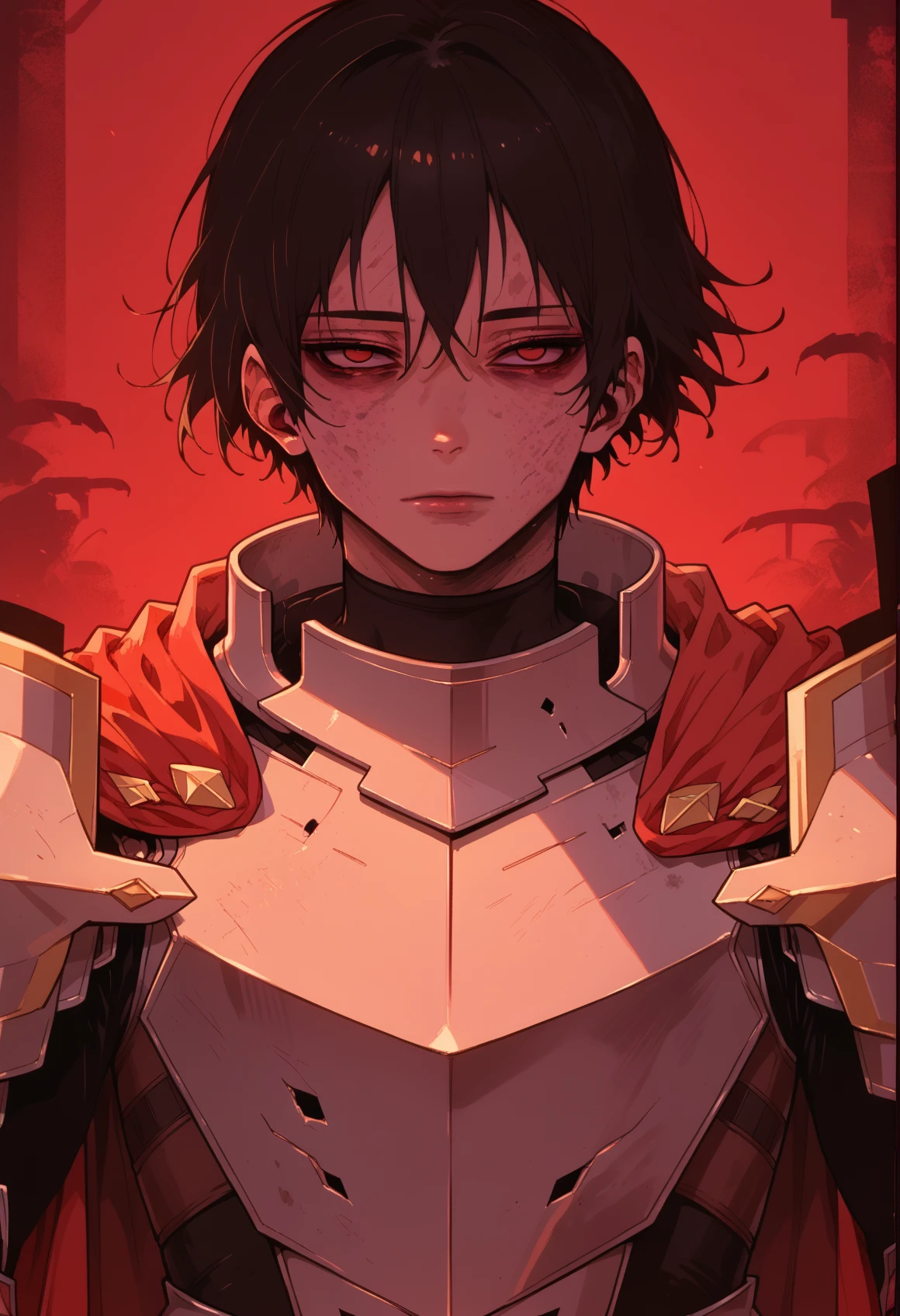 1boy, solo, kim_minsu, bags under eyes, short hair, red cape, armor, shoulder armor, looking at viewer, cowboy shot, <lora:kim_minsu:0.9> <lora:Sinozick_Style_XL_Pony:0.85> sinozick style, flat color, dark theme, score_9, score_8_up, score_7_up, score_6_up