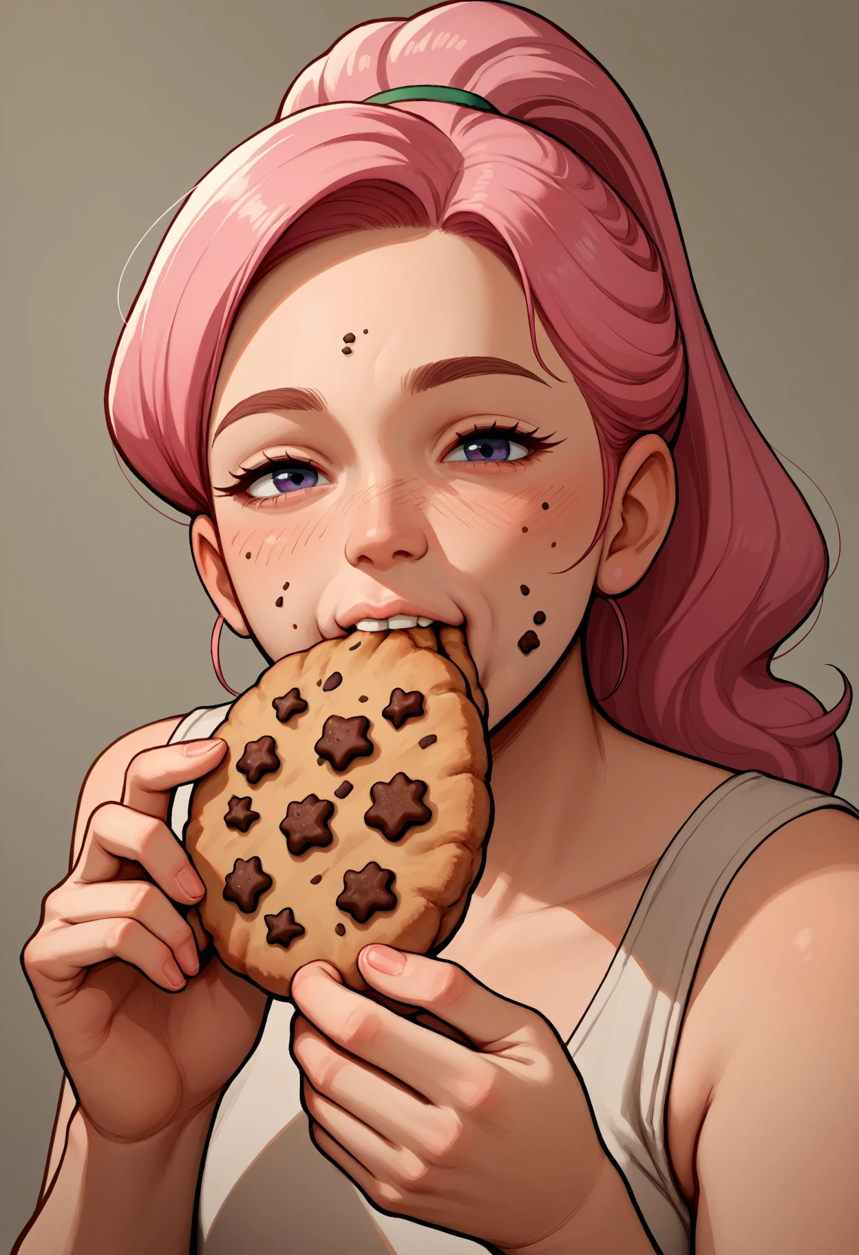 score_9, score_8_up,score_7_up, source_anime, 1girl, mature female,
pink hair, high ponytail, 
eating, biting, crumbs on face,  looking at viewer, holding a cookie, bitten cookie,