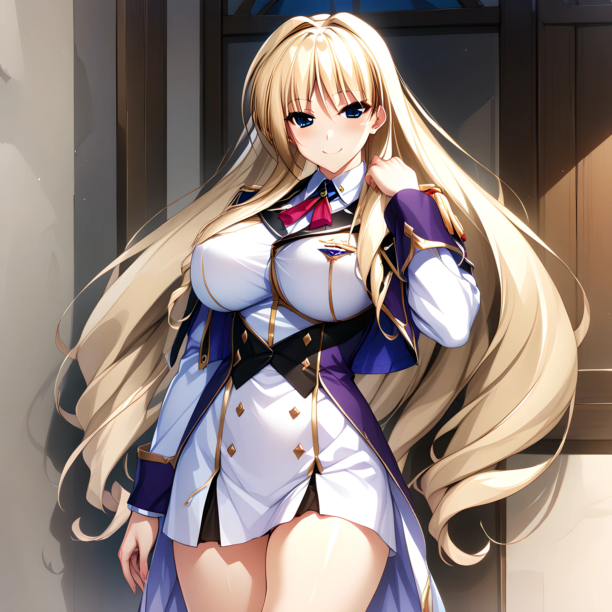 1girl, solo. silveria_leodiehl, blonde hair, blue eyes, large breasts, long hair, smile, cowboy shot, purple and white uniform, <lora:XL-SilveriaLeodiehl:1>, (masterpiece),(best quality),(ultra-detailed),(best illustration),(best shadow),(absurdres),(detailed background),(very aesthetic),