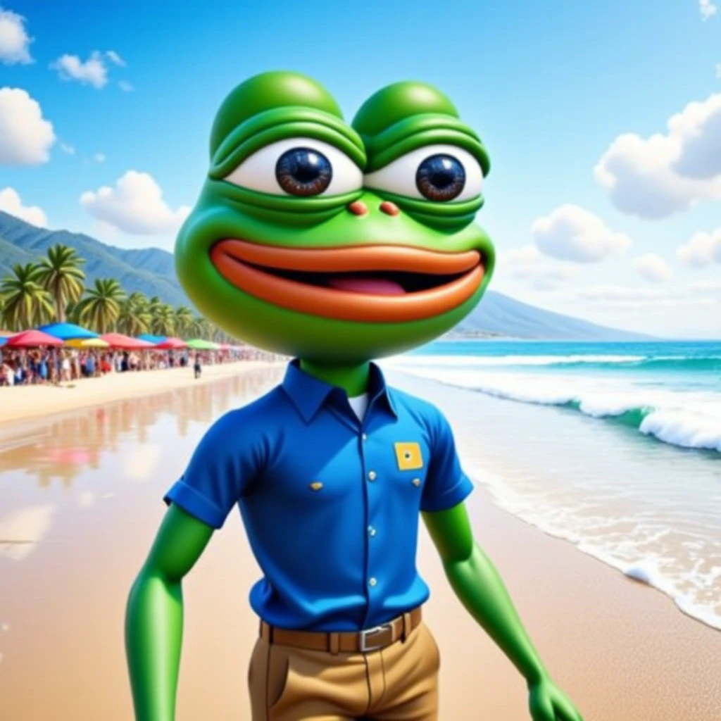 <lora:pepe-the-frog-flux:1.5>, "Pepe_Frog standing on a beach and smiling at you.", wearing a blue shirt and brown pants