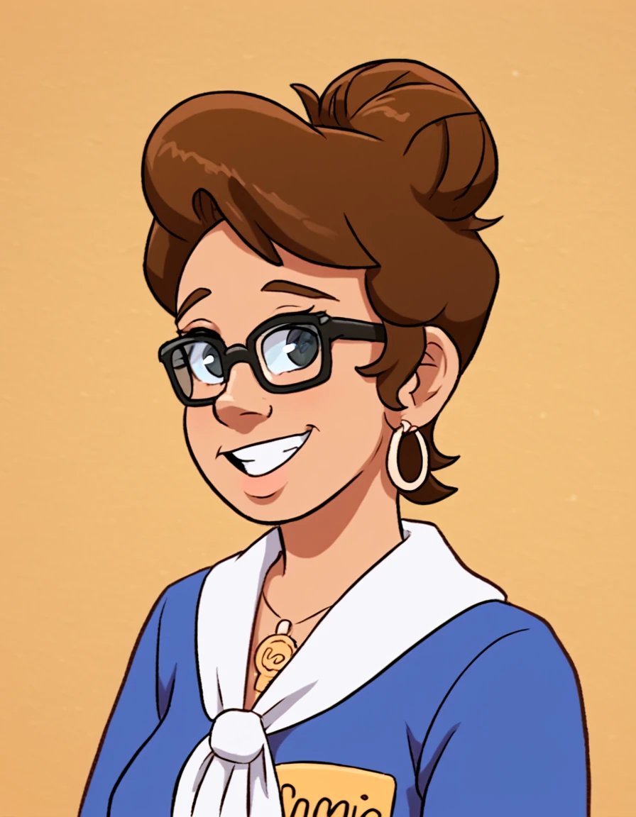 <lora:Connir:0.6> connie_tpir, woman, middle age, brown hair, hair in bun, hoop_earrings, 1960s, black frame glasses, blue polkadot dress, white polkadot neckerchief, nametag on chest, jewelry, necklace, smile, portrait, source_cartoon, score_9, score_8_up, score_7_up,