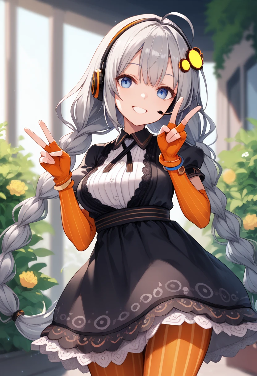 score_9, score_8_up, score_7_up, 
 <lora:KizunaAkari_MMD_Pony_V1:0.95>blue eyes, grey hair,  ahoge, twin braids, braid, very long hair, hair ornament, hair tubes, headphones, headset, 
black dress,  lace-trimmed dress, short sleeves, puffy sleeves, 
orange gloves, striped gloves, elbow gloves, fingerless gloves, bracelet, 
orange pantyhose, striped pantyhose, 
star print, star (symbol), vertical stripes, 
outer space,,flower garden,,Depth of field, blur background,
smile,cowboy shot,huge brests,
smile,peace sign, double peace sign,