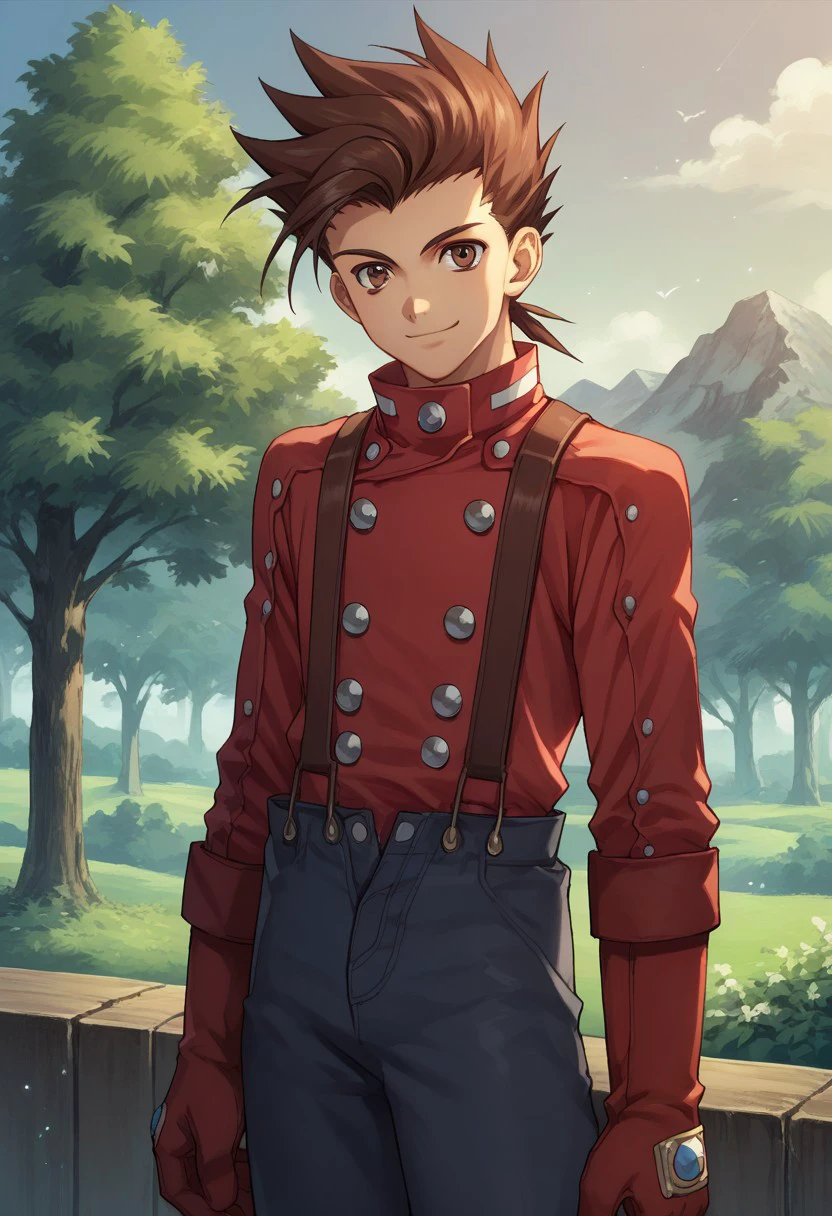 score_9, score_8_up, score_7_up, source_anime, highly detailed, 
lloyd, 
1boy, brown hair, red shirt, male focus, solo, shirt, gloves, brown eyes, pants, spiked hair, suspenders, looking at viewer, smile,
outdoor, sky, tree