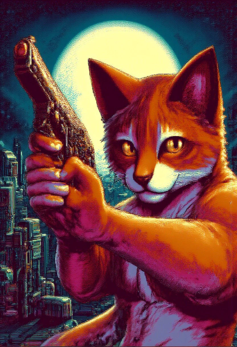 A cat pointing a gun at the viewer in pc98style