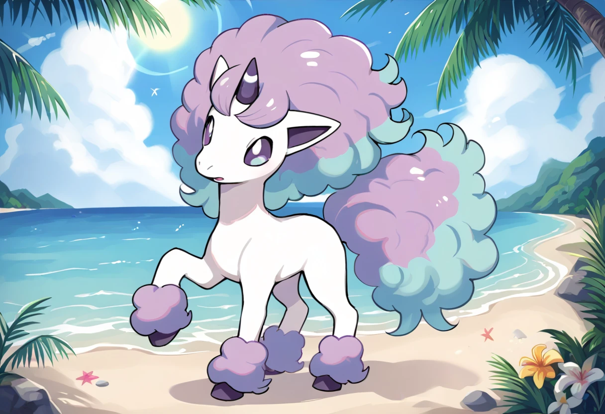 score_9, score_8_up, score_7_up, source_anime  BREAK
beach, sun, sunbeam, palm trees,
G_P0NYT4, white fur, white body, quadraped, purple and teal mane, purple and teal tail, purple and teal fetlocks, purple eyes, light blue irises, purple hooves, horn, purple horn, white stripe,  purple inner ears, animal focus, no humans, pokemon (creature)
(standing:1.5), facing viewer, (straight-on:1.4), looking at viewer, head tilt, curious, open mouth
 <lora:Galarian_Ponyta:0.8>