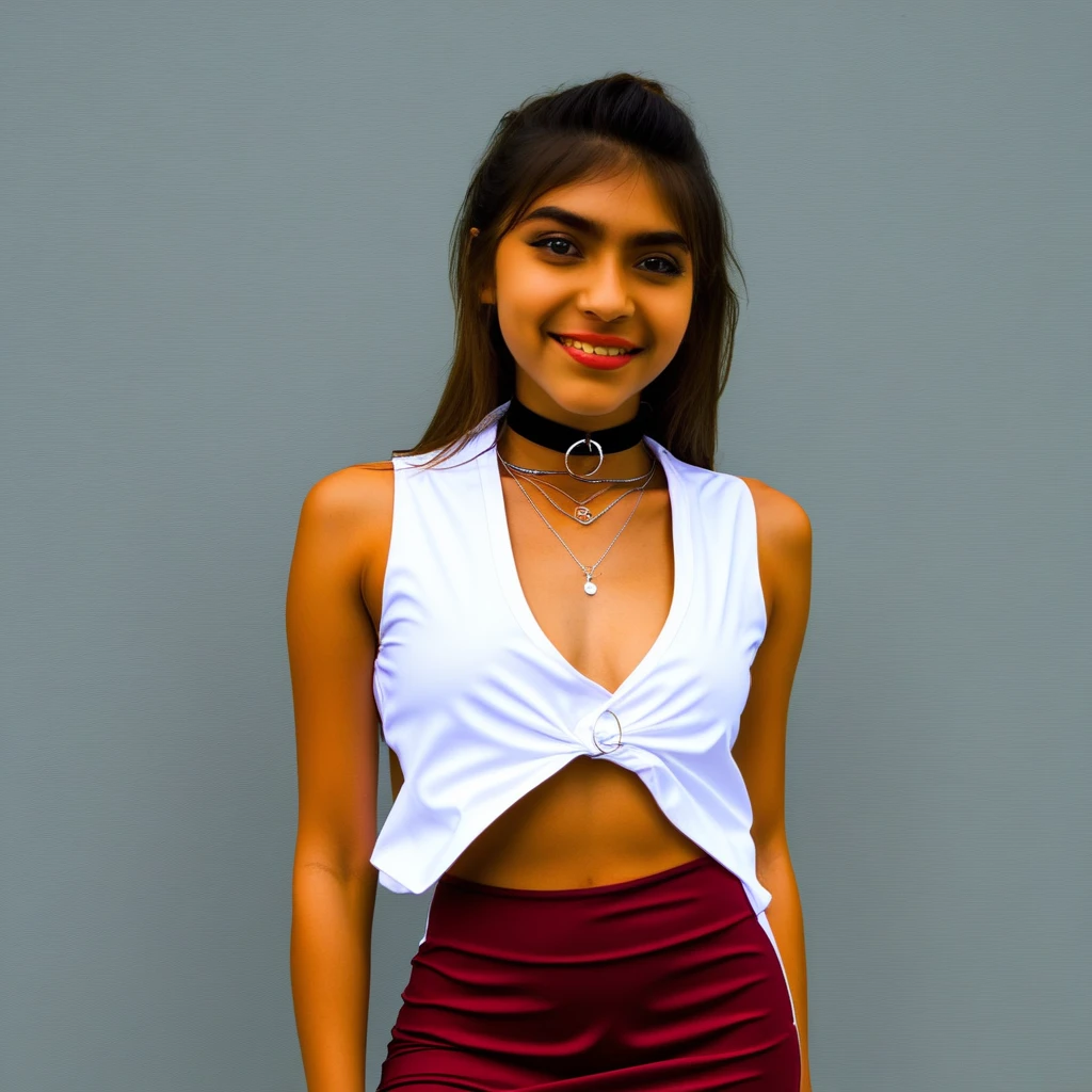 A young 17 year old girl with long black wavy hair, ojos negros no tan grandes, boca y sonrisa bonita y un poco grande, nariz un poquito anchita pero bonita, la piel es de color blanquita pero no tanto, wear small butterfly earrings that shine silver, vestida de color amarillo, y un pantalon negro estilo de la caricatura Simpsons