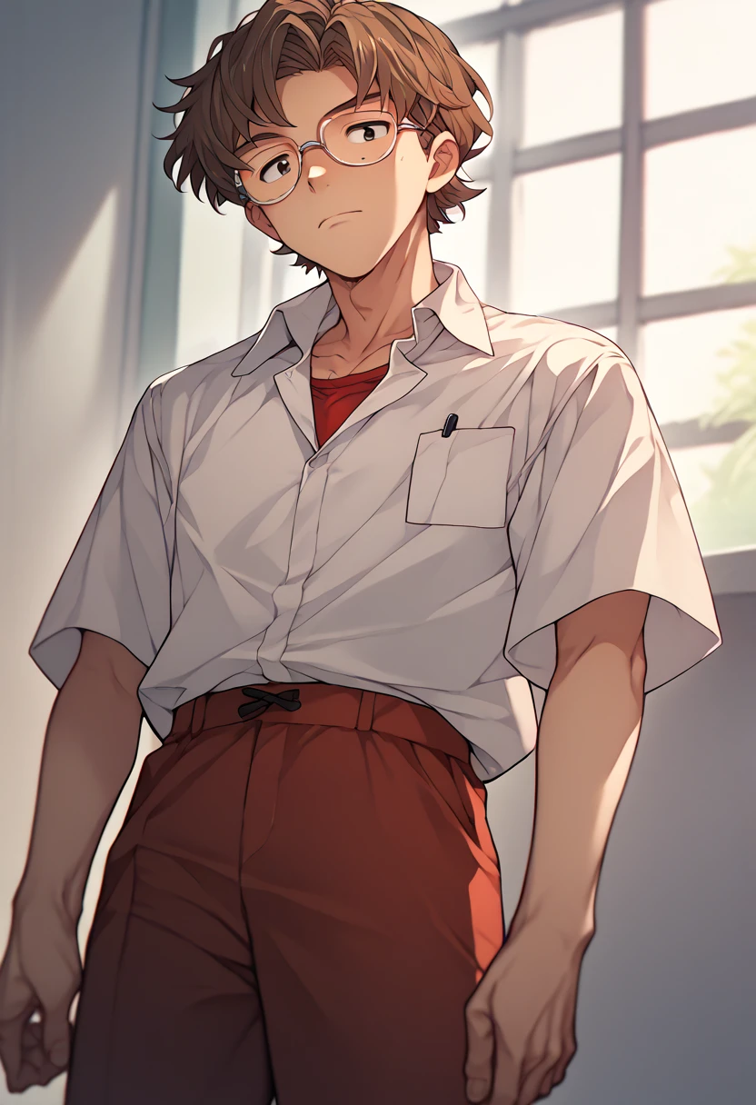 score_9, score_8_up, score_7_up, score_6_up, source_anime, <lora:Degen_Kensuke:.8>  1boy, defkensuke  glasses, white collared shirt,  brown hair, short sleeves, red undershirt, pants,