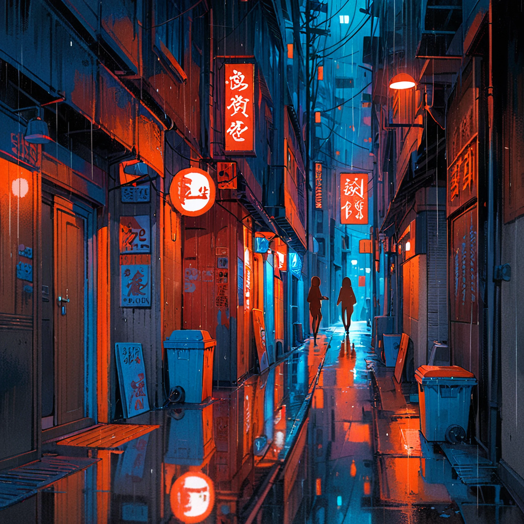 2d, illustration, (limited palette,oil painting:1.4),masterpiece, best quality, very aesthetic, absurdres, utility pole, outdoor unit, stone load, window, door, dustbin, concrete, rain, reflection, 
night,dark,alley,(neon sign:1.2),reflection,glowing,1girl,silhouette,orange and blue background,sepia theme,<lora:Neon_City:0.8>