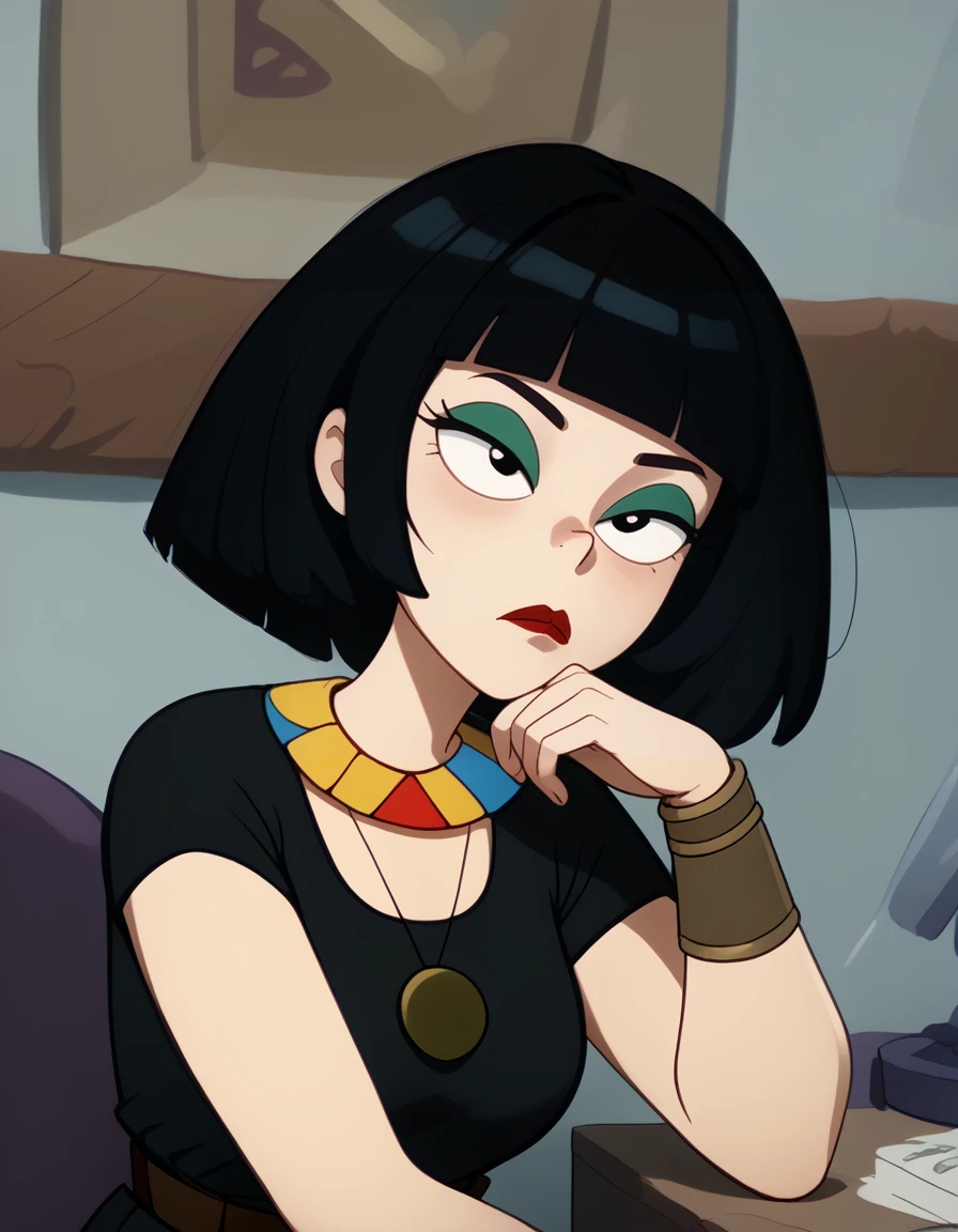 <lora:Ms_Mushburgur:1>1girl, pale, artsy, makeup, black bob-cut hair, blunt bangs, colorful necklace with red blue yellow triangles, brown round pendant, black dress, brown and green belt, gold  and brown bracelet, bracelet, upper body, bored, <lora:PonyXL Head Rest Arm Rest:1> head rest arm rest,, source_cartoon, score_9, score_8_up, score_7_up,