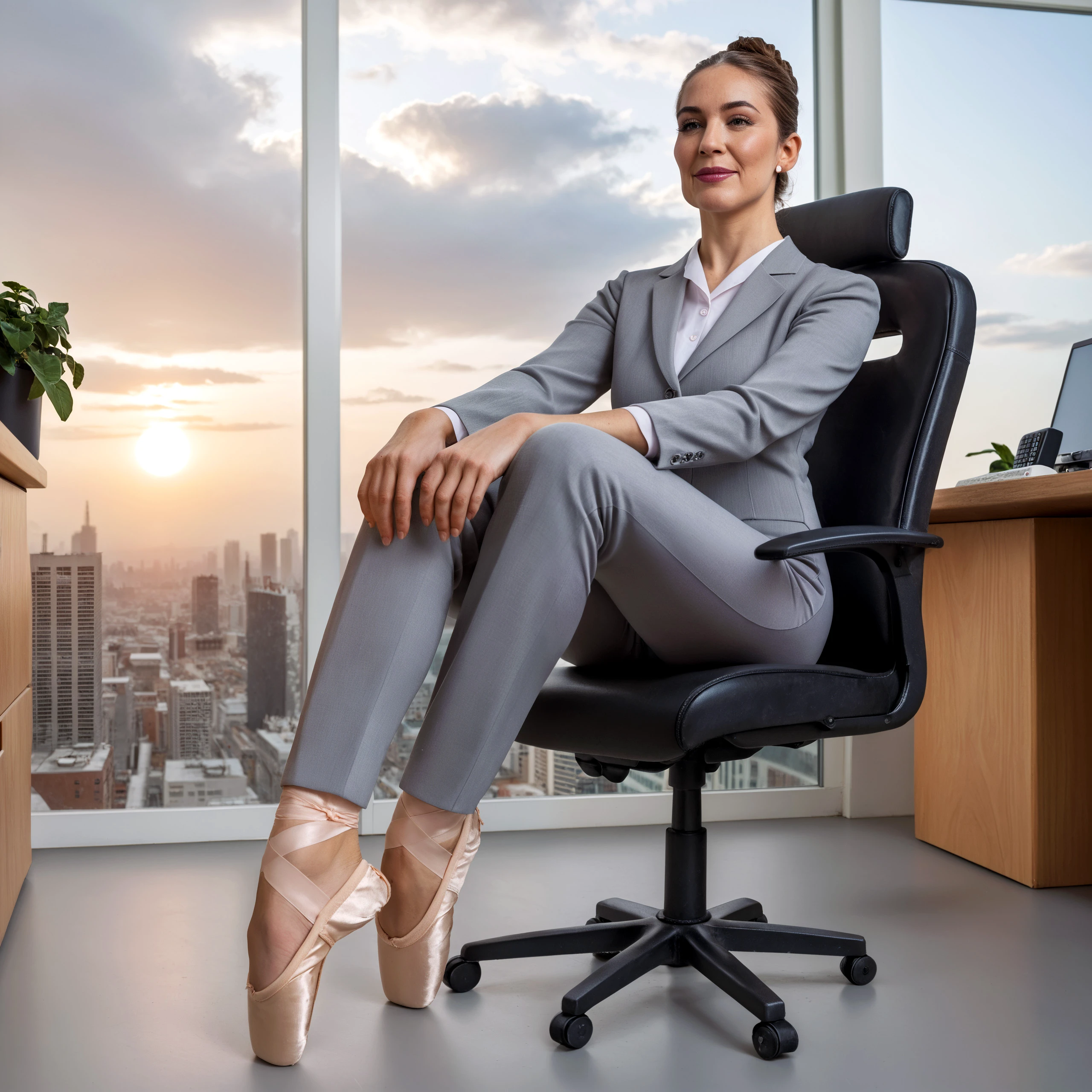 score_9, score_8_up, score_7_up,

realistic photo,

a older mature woman, updo hair, skin wrinkles, 

p01n73-5h035, shiny ballet slippers, (business trouser suit:1.1), 

sit, 

office, computer, plants, office chair, window, city skyline, sunset, 

foot focus, from below, 