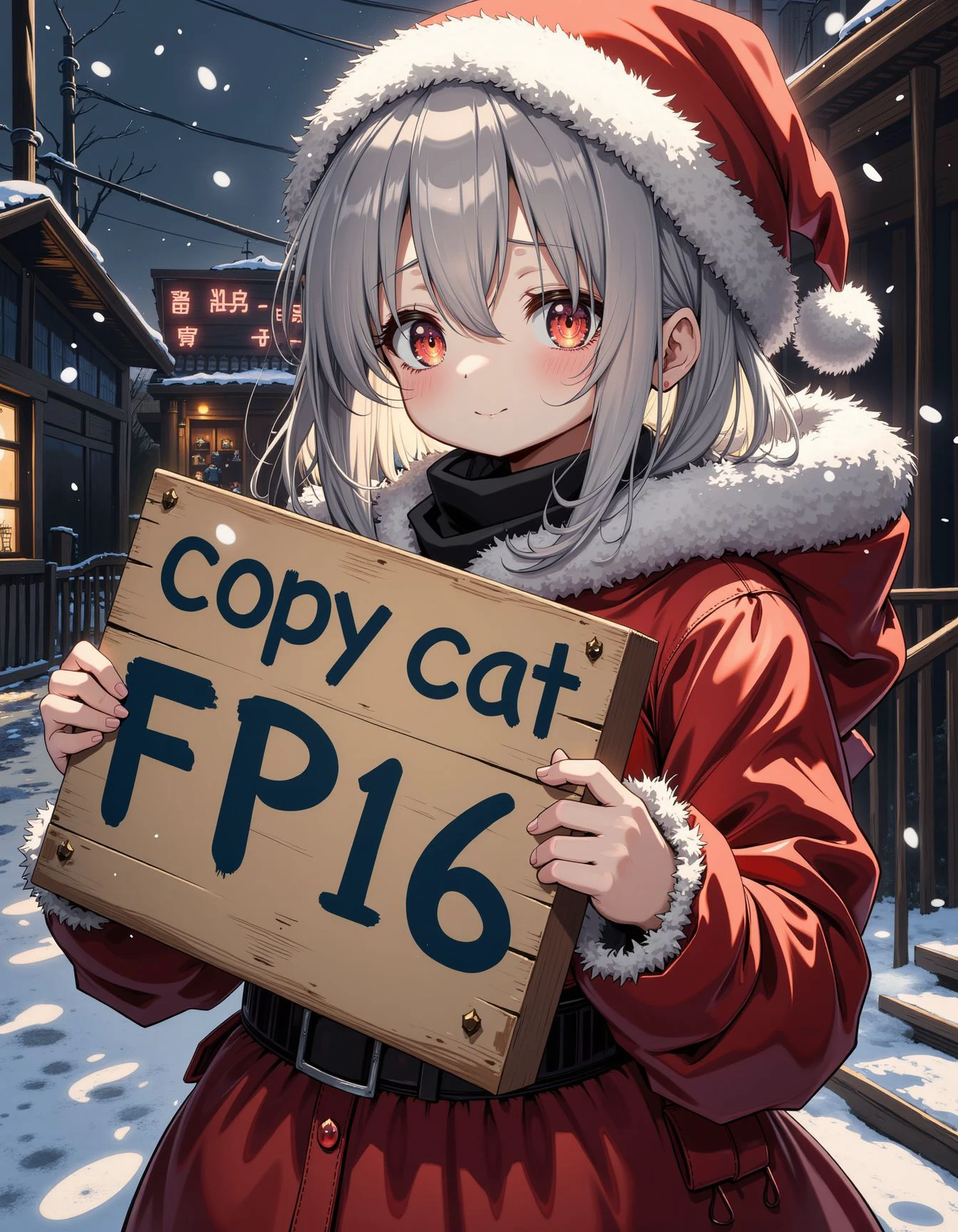 1girl clothed santa costume holding sign with "copycat FP16" written,
snowing