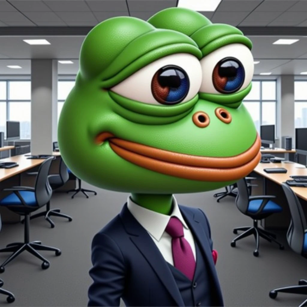 <lora:pepe-the-frog-flux:1.5>, "close portrait of Pepe_Frog in an office room looking sus at you."