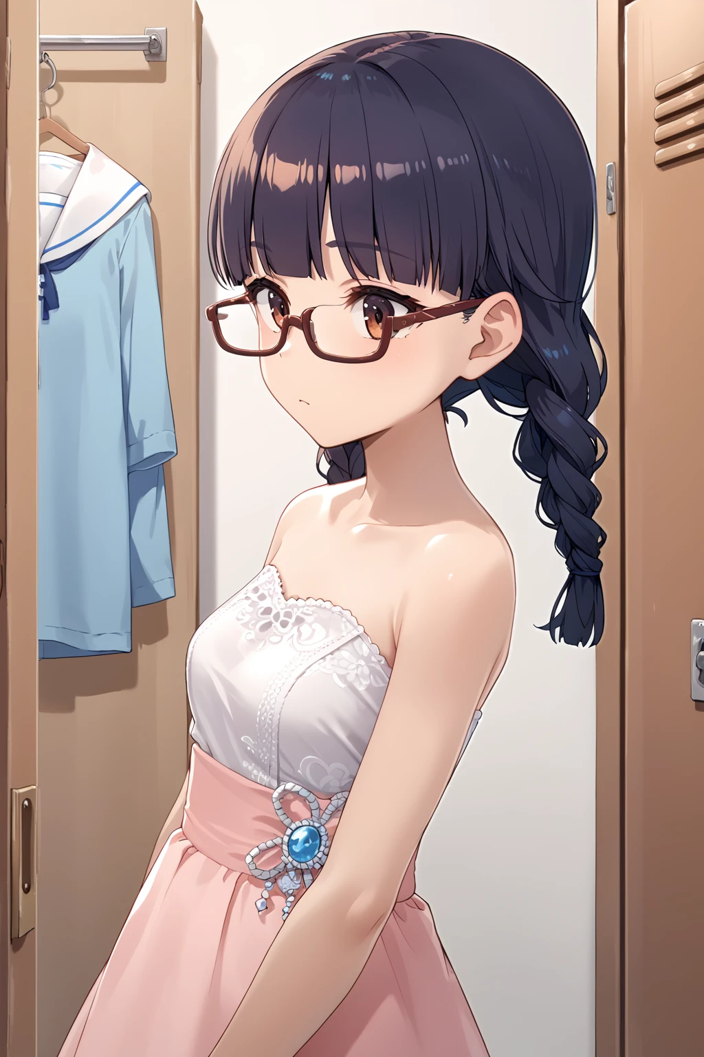 score_9, score_8_up, score_7_up, source_anime, rating_safe, dressing room, 1girl, <lora:AGA_Eri_Pony:1> eriAGA, seinaDress, dress, strapless, twin braids, glasses, upper body