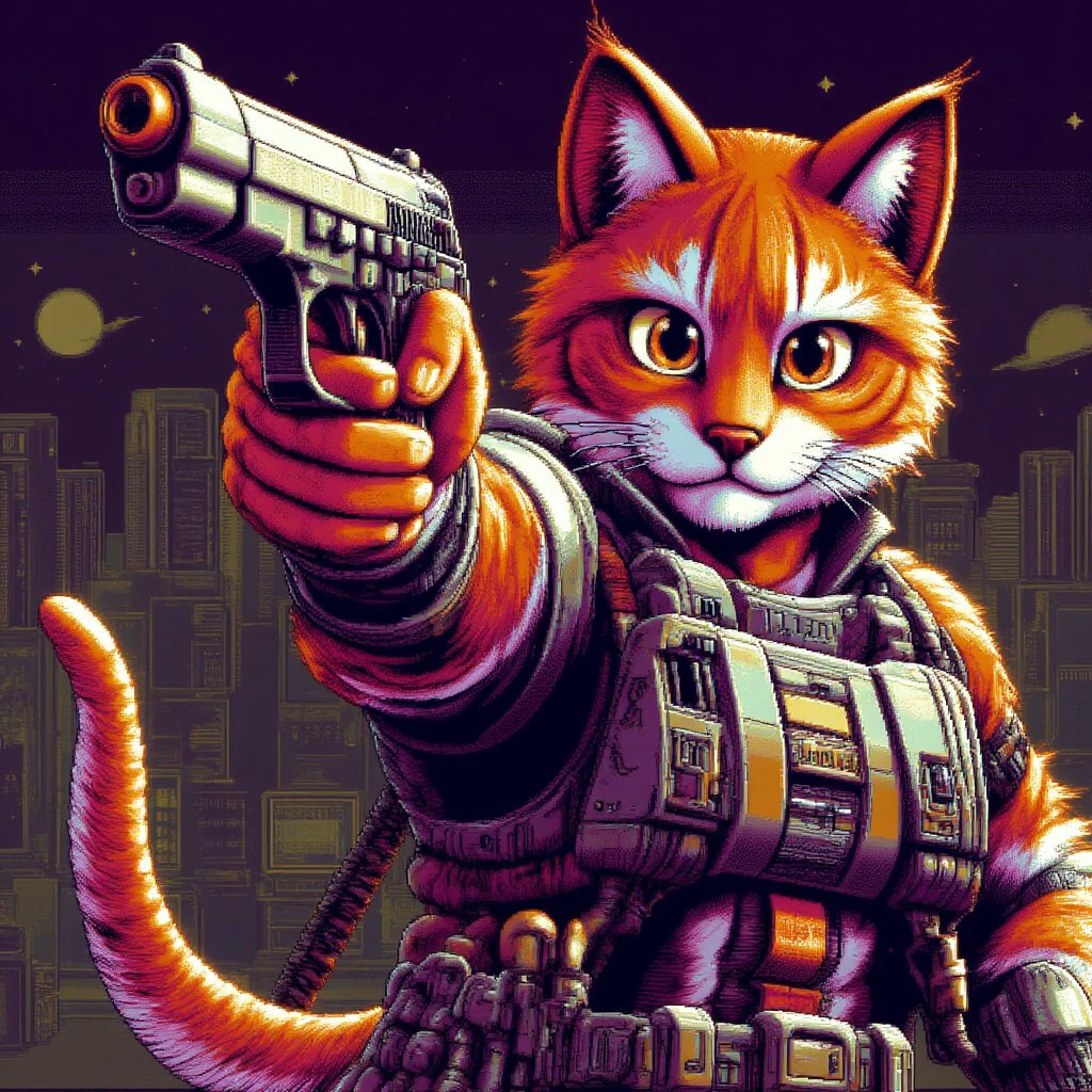 A cat pointing a gun at the viewer in pc98style