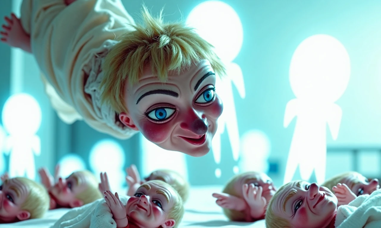 horror-themed nightmare scene, an evil creepy doll with bad hair in rags is floating through a hospital nursery. She is inhaling the souls of dozens of bald sleeping newborn babies. The sleeping babies have their eyes closed as iridescent apparitions of themselves seep from their heads into the air, while the floating doll opens her mouth to inhale the apparitions, nighttime <lora:Lady_Elaine_FairchildeFLUX:0.65>  <lora:FluxDFaeTasticDetails:0.7> . eerie, unsettling, dark, spooky, suspenseful, grim, highly detailed