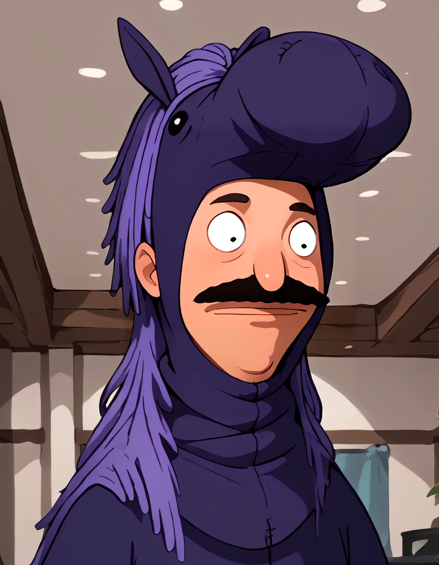 <lora:bobcephala_-_Bobs_Burgers:1.25> 1boy, purple horse costume, facial hair, mustache, upper body,  indoors,  turned, source_cartoon, score_9, score_8_up, score_7_up,