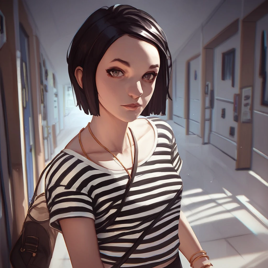 anime coloring, score_9, score_8_up, score_7_up, score_6_up, courtney-wagner, life-is-strange, 1girl, solo, striped, shirt, striped shirt, short hair, black hair, jewelry, pants, hallway, bag, indoors, bracelet, looking at viewer, upper body