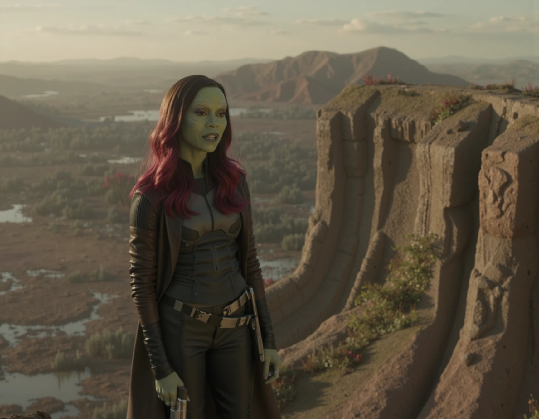 On the desolate and haunting planet of Vormir, Gamora stands at the edge of a towering cliff, her face a mix of confusion and horror as she realizes what Thanos, her adoptive father, intends to do. Dressed in her signature battle armor, she confronts Thanos with anger and defiance, refusing to believe that he truly loves her. As the somber music plays, Gamora struggles in vain to escape his grasp, her desperation palpable. The moment of realization is heartbreaking as she pleads with him, but Thanos, with tears in his eyes, sacrifices her for the Soul Stone. The scene is one of profound tragedy, as Gamora falls to her death, her face etched with betrayal and sorrow. The sacrifice is a pivotal moment in the Marvel universe, marking the loss of one of its most beloved characters. <lora:gamora_flux_lora_v2_000002600:1>