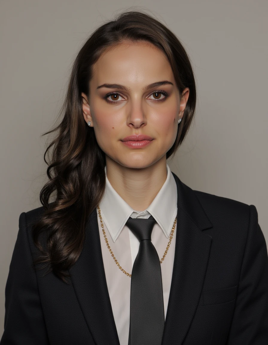 High quality passport photo of a woman wearing a suit and tie looking directly at the camera with her mouth closed and a neutral expression. She is also wearing a delicate gold chain and some understated diamond earrings. <lora:Natalie_Portman_2004_FLUX_epoch_16:1>