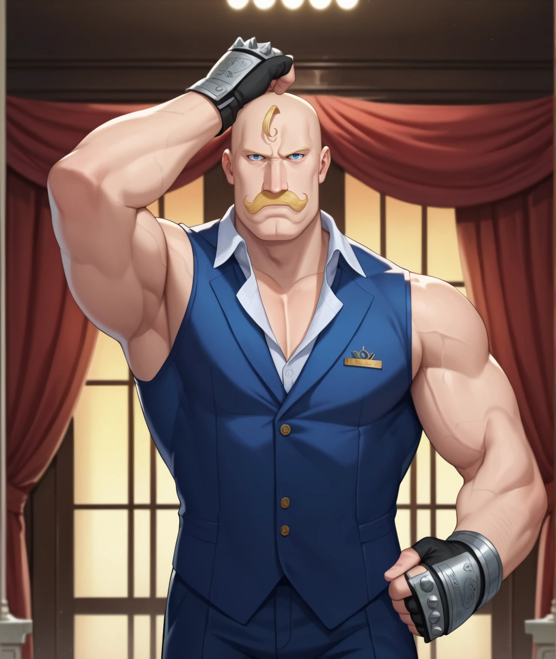 score_9, score_8_up, score_7_up, score_6_up, source_anime,indoors, 
BREAK
alex louis armstrong,  armstrongfma,  ,1boy, male focus, bald, facial hair, solo, mustache, muscular, blonde hair, blue eyes, looking at viewer, muscular male, veins,gloves, suit ,cowboy shot, dancing, 
<lora:armstrongfma:0.8>