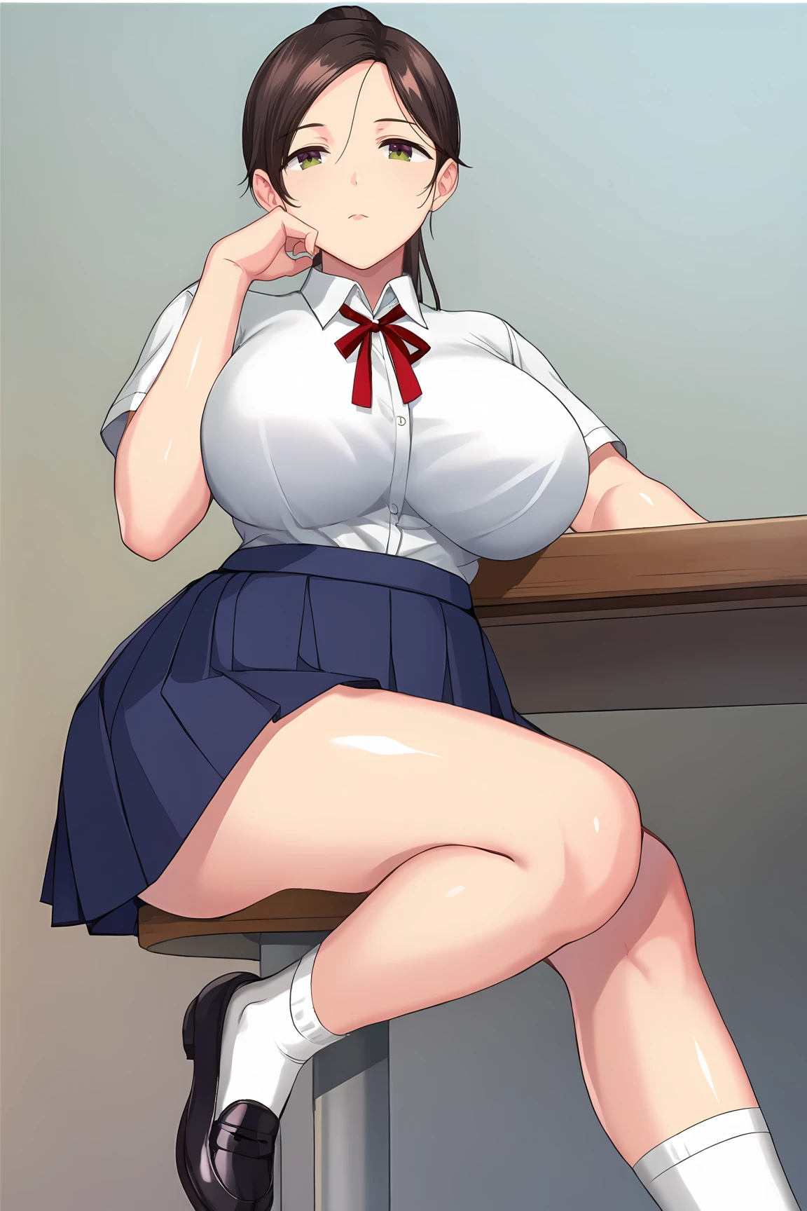 best quality, ultra high res, masterpiece, RAW photo, ultra detailed, professional lighting, American high school student, ((see-through summer school uniform)), micro mini skirt with frills, white knee-high socks, blue eyes, arch your back, (spread legs:1.4), curvy, thighs plump, pussy plump, (gigantic breasts:1.4), (gigantic hips:1.4), light gold straight short hair, blush, open mouth, classroom, from front, (pussy focus)