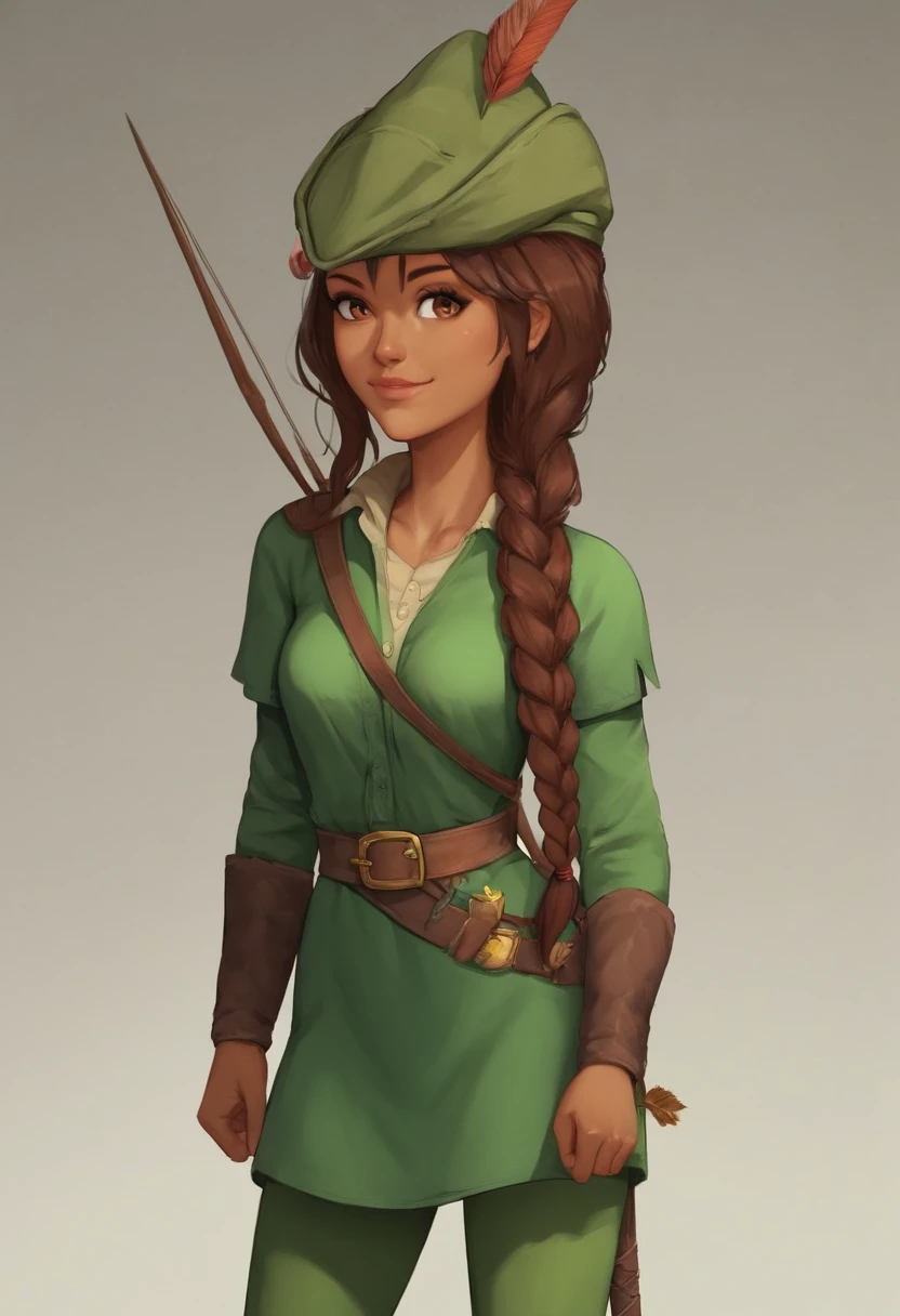 score_9, score_8_up, score_7_up, 1girl, solo, carol_of_the_arrow, brown hair, brown eyes, dark skin, braid, long hair, belt, hat, green tunic, green tights, posing, light smile, simple background